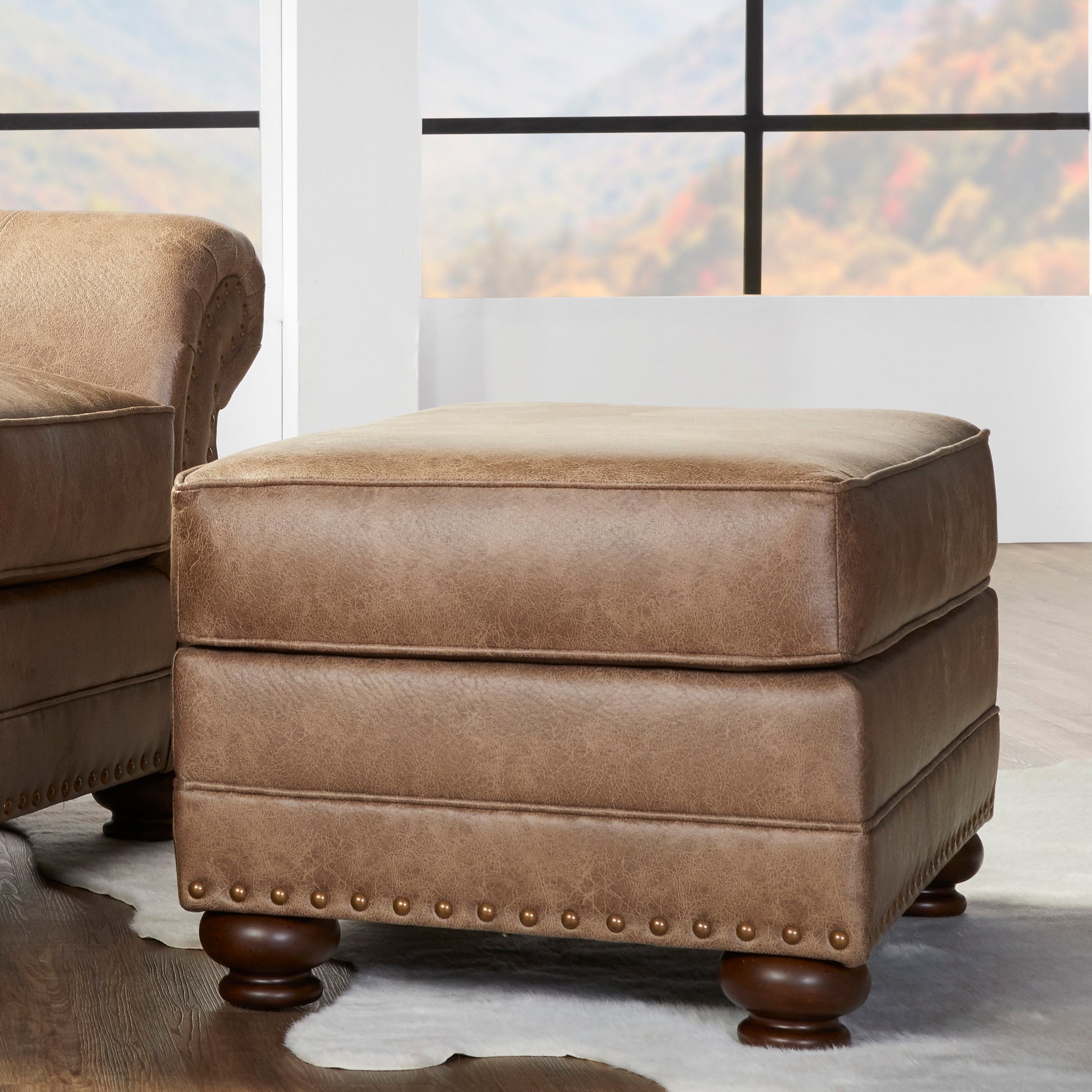 Leinster Faux Leather Ottoman With Antique Bronze Nailheads Brown Espresso Faux Leather Wood Faux Leather Primary Living Space Backless Solid American Traditional,Traditional Rectangle Armless Tray