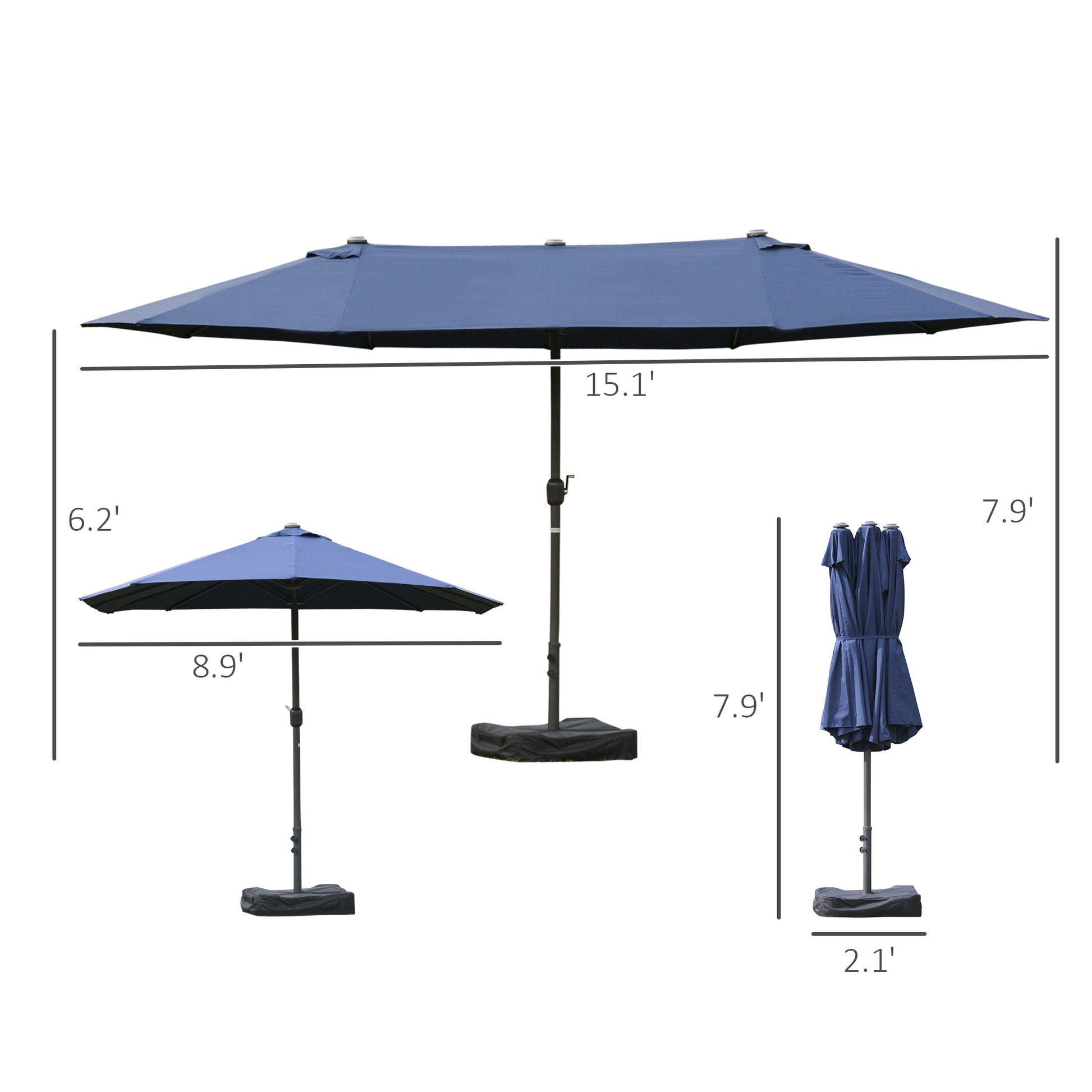 Outsunny Patio Umbrella 15' Steel Rectangular Outdoor Double Sided Market With Base, Sun Protection & Easy Crank For Deck Pool Patio, Dark Blue Blue Steel