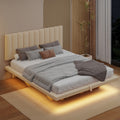 Queen Size Upholstered Floating Bed With Led Light And Usb Port, Velvet, Beige, Hydrualic Platform Bed Queen Beige Velvet