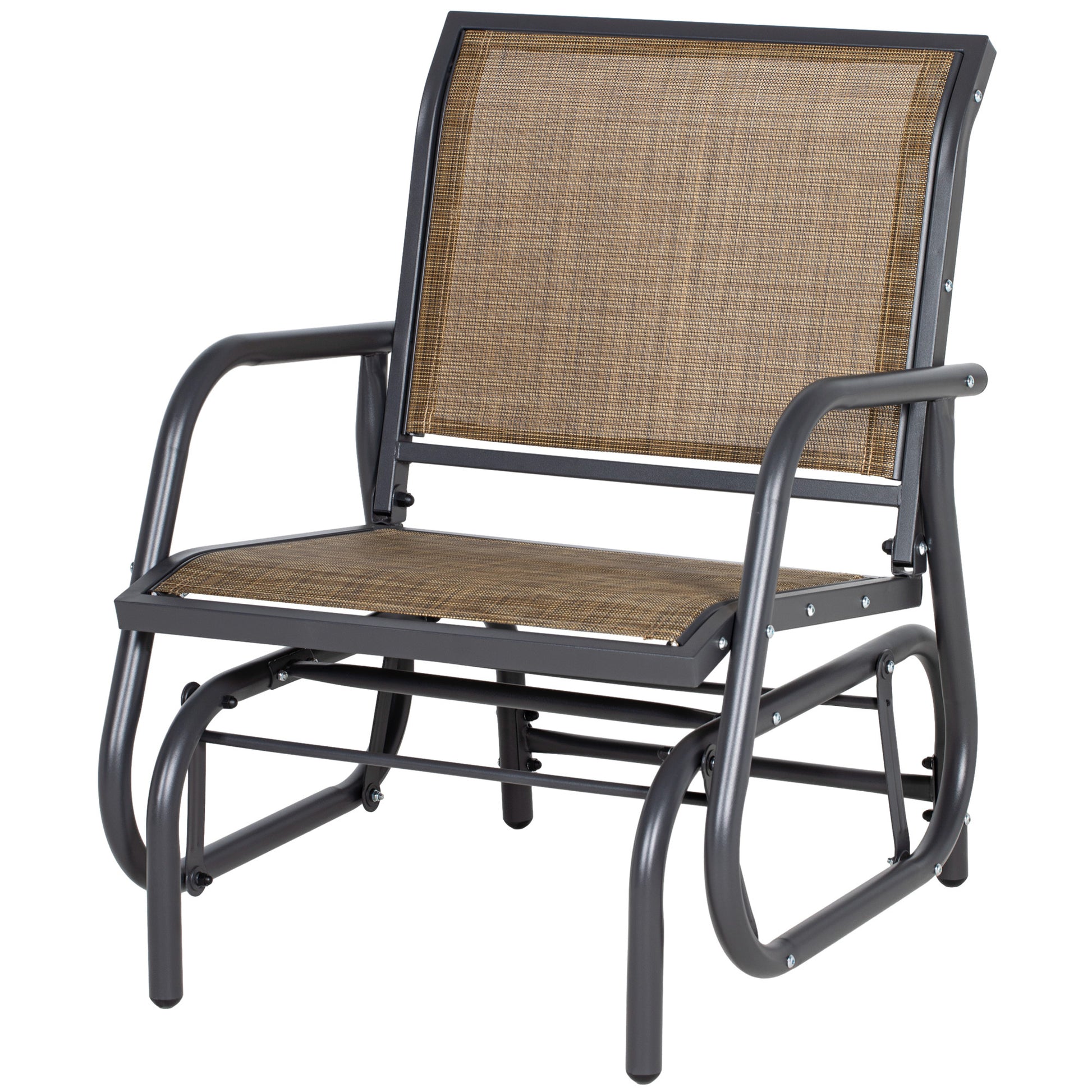 Outsunny Porch Glider, Metal Frame Swing Glider Chair Withmesh Fabric, Curved Armrests And Steel Frame For Garden, Poolside, Backyard, Balcony, Light Mixed Brown Brown Fabric Metal