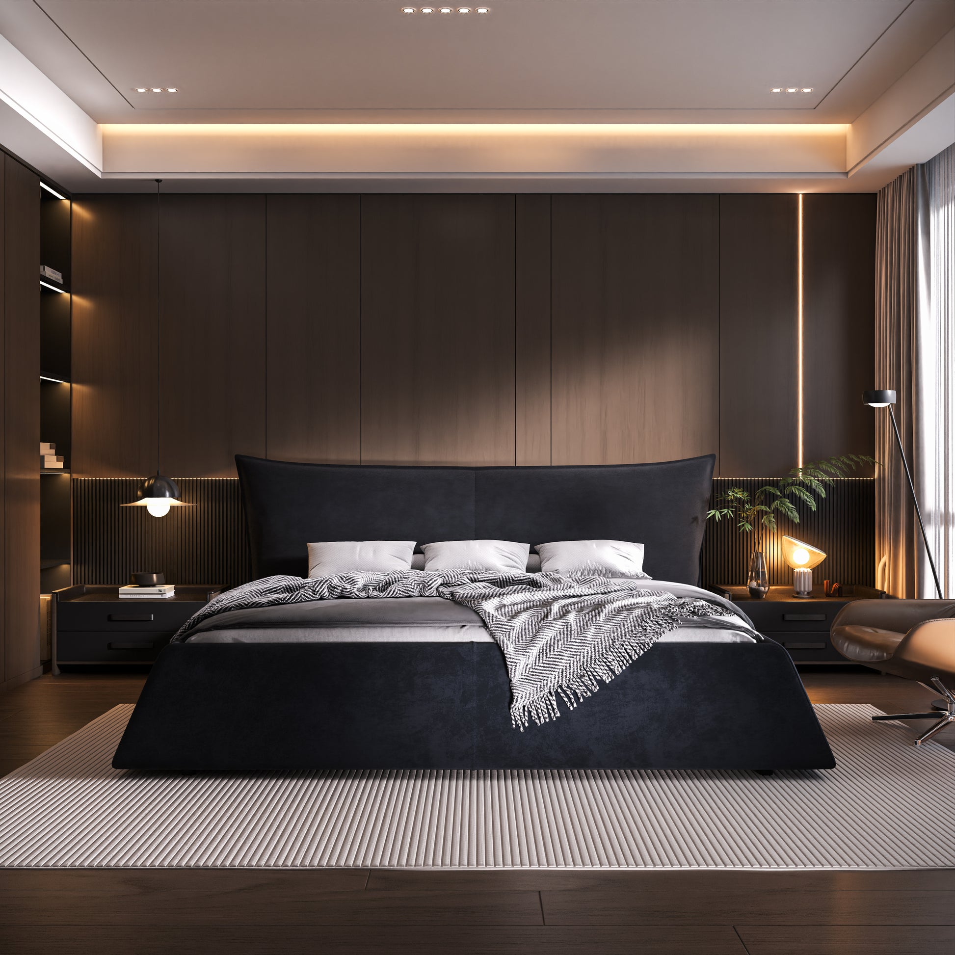 King Size Upholstered Platform Bed With Special Shaped Velvet Headboard, Metal & Solid Wood Frame,Black Box Spring Not Required King Black Pine Velvet Velvet