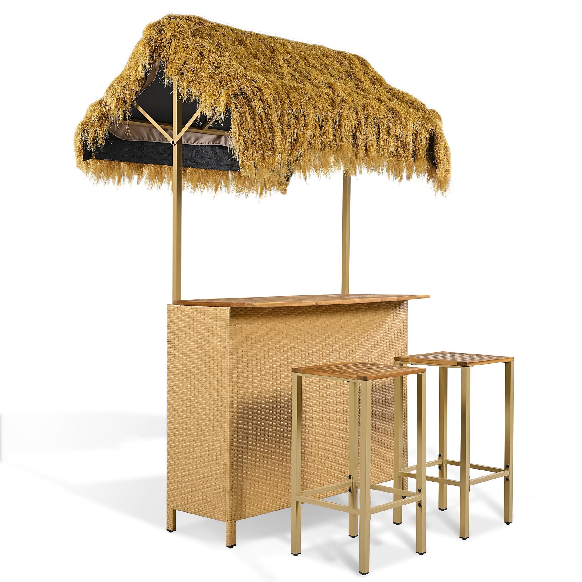 Hawaiian Style Bar Height Patio Set With Pe Grass Canopy, Outdoor Bar Table And Stools With Adjustable Feet, Acacia Wood Top, For Dining And Drinking, Natural Antique Natural Seats 2 Garden & Outdoor Wicker