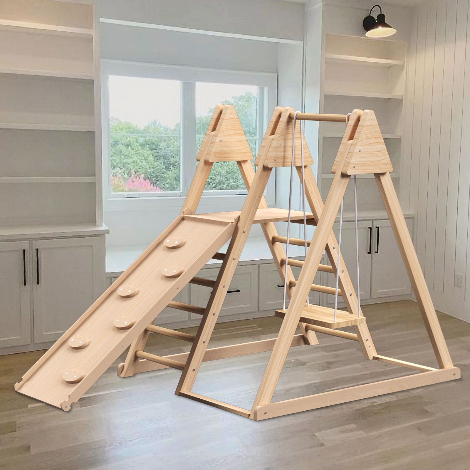 4 In 1 Juniper Indoor Play Gym Jungle Gym Playset With Baby Swing, Slide, Ladder, And Climbing Wall Foldable Wooden Playset Indoor Jungle Gym For Kids Natural Wood Pine