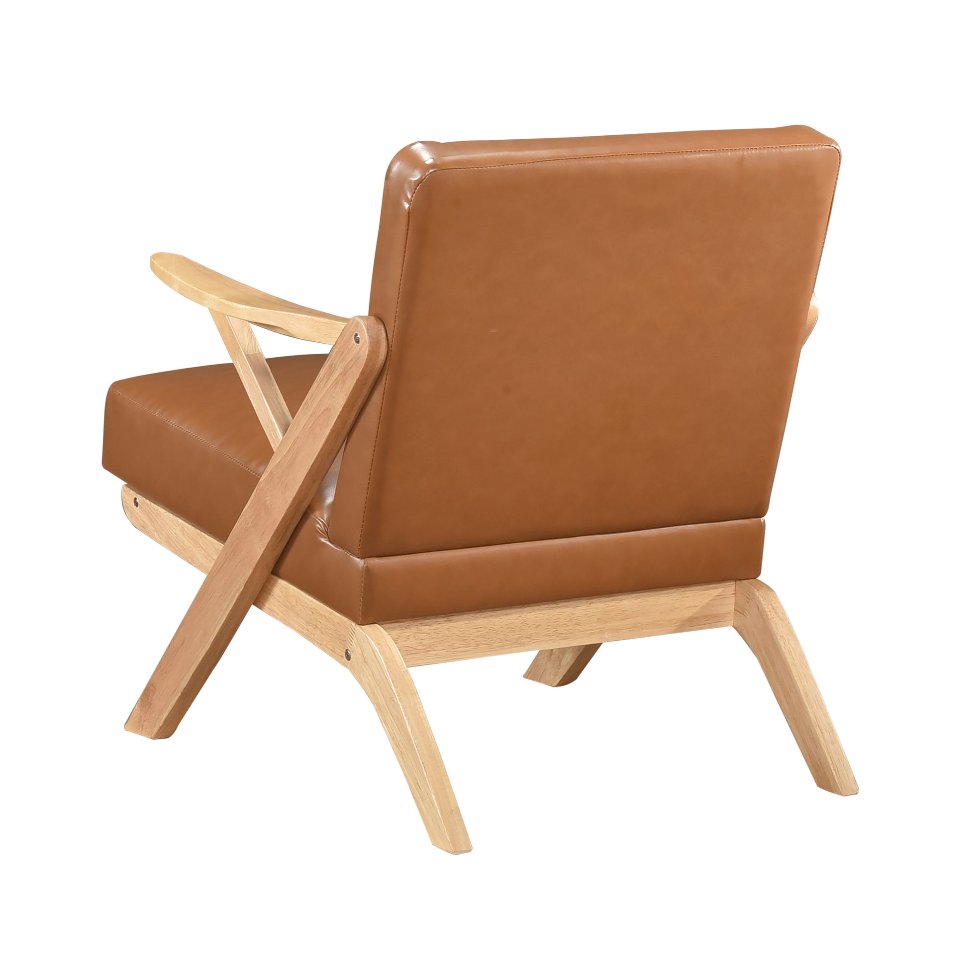 Natural Finish Solid Rubberwood Frame 1Pc Accent Chair Brown Faux Leather Upholstery Living Room Furniture Brown,Natural Primary Living Space Rubberwood Solid Wood