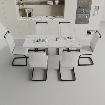 An Expandable Dining Table Set For 2 6 People, Equipped With A C Shaped Tubular Cushioned Armless Dining Chair And An Elegant And Spacious Dining Table Kitchen Table And Chair Set, With Metal Legs White Mdf