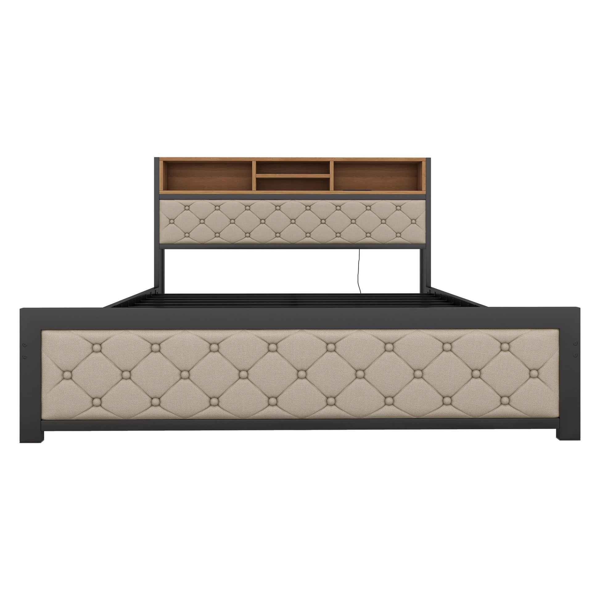 Metal Queen Size Platform Bed With 4 Drawers, Upholstered Headboard And Footboard, Sockets And Usb Ports, Beige Queen Beige Black Fabric Metal