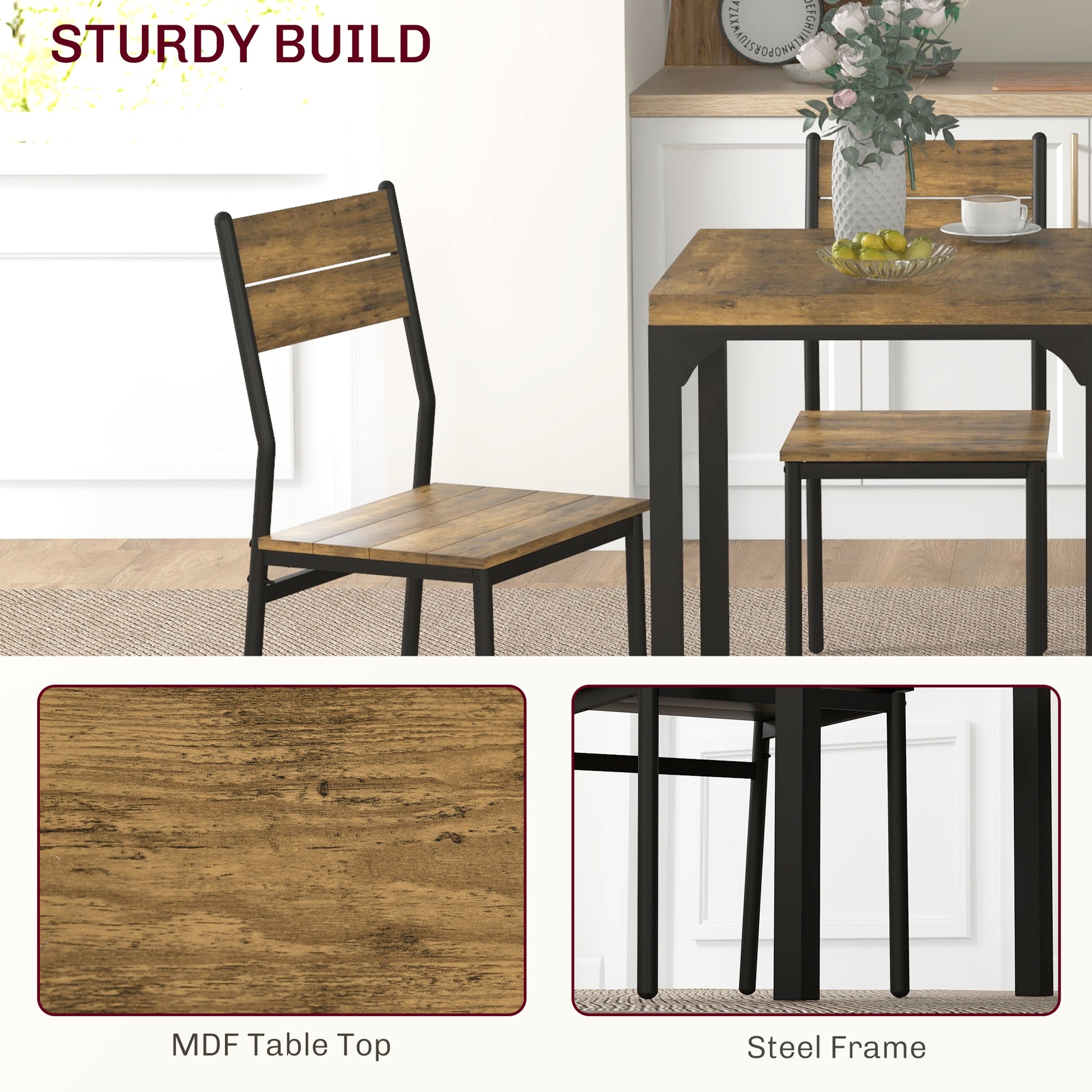 Homcom 3 Piece Dining Table Set For 2, Modern Kitchen Table And Chairs, Dining Room Set For Breakfast Nook, Small Space, Apartment, Space Saving, Rustic Brown Rustic Brown Mdf