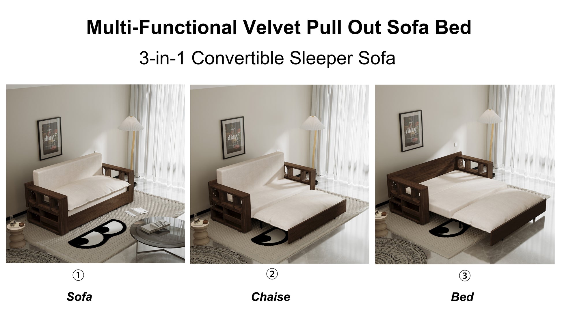 3 In 1 Convertible Sleeper Sofa Bed,Modern Velvet Loveseat Couch With Pull Out Bed,Small Beautiful Seat Futon Sofa Bed With Convertible Office Desk,Beige Beige Metal & Wood 2 Seat