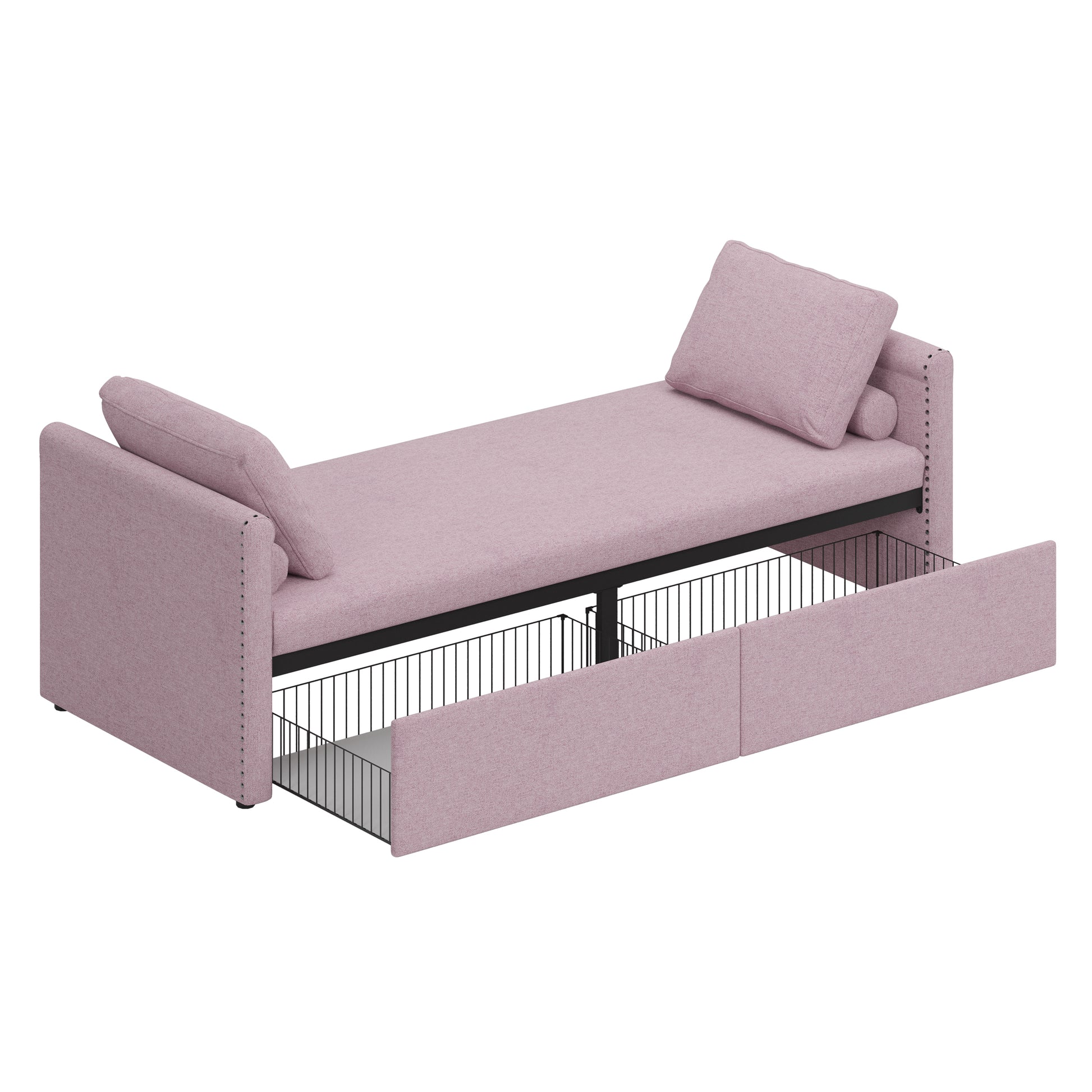 Modern Upholstered Chaise Lounger Daybed Small Single Daybed With 2 Drawers, No Mattress Needed, Perfect For Living Rooms & Home Office, Linen Fabric, Pink Pink Linen