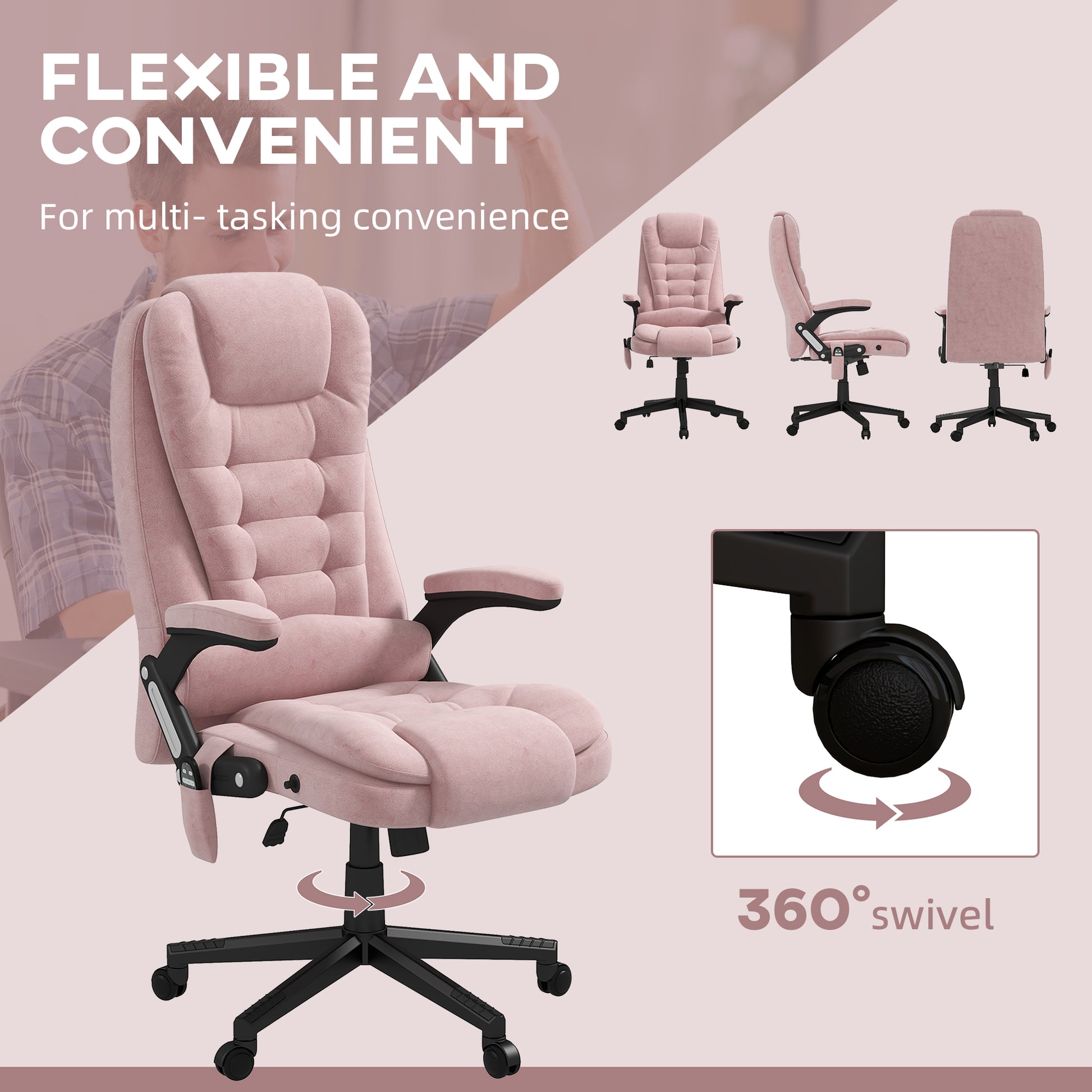 Homcom 6 Point Vibrating Massage Office Chair With Heat, Velvet High Back Executive Office Chair With Reclining Backrest, Padded Armrests And Remote, Pink Pink Polyester