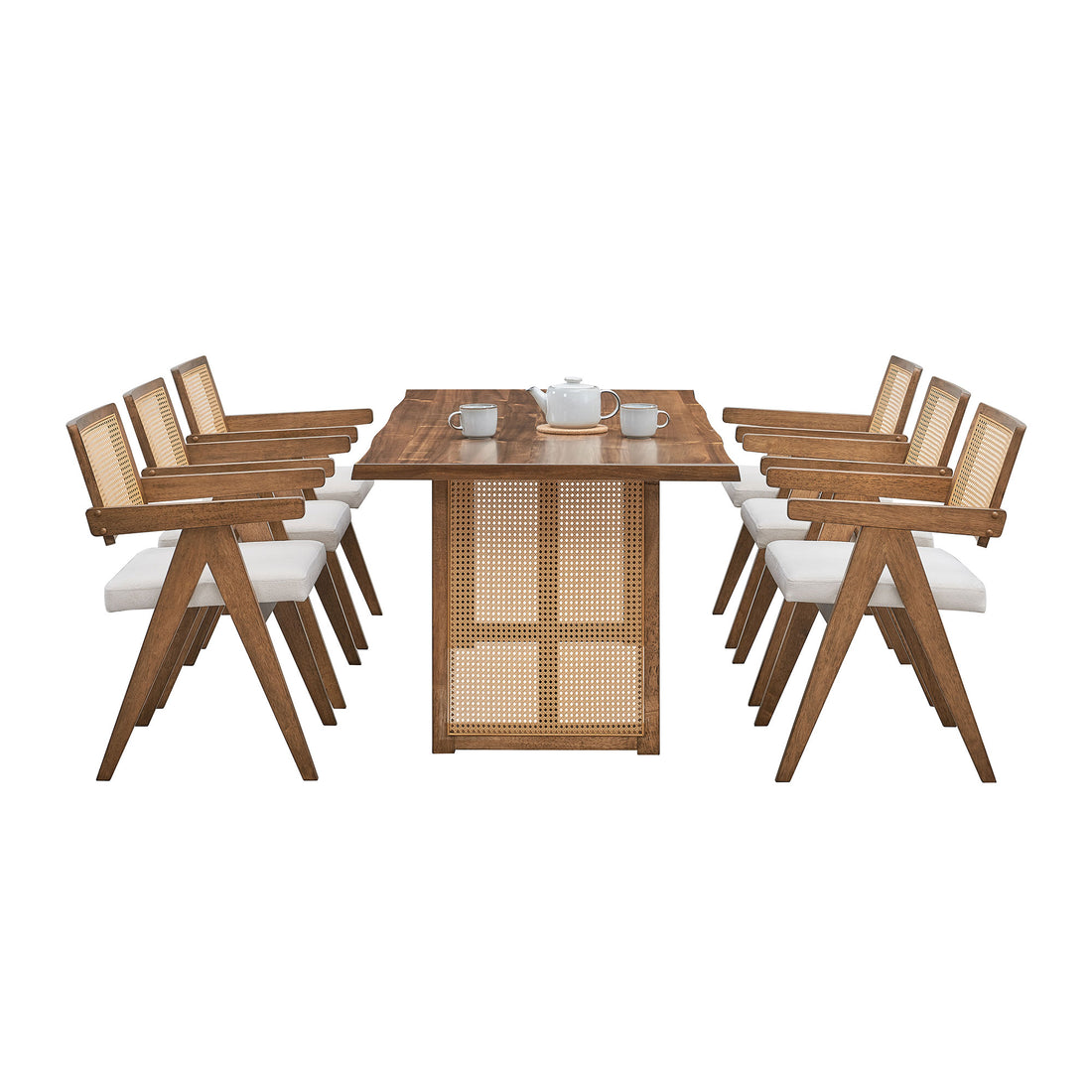 70.87 Inch Large Rectangular Dining Set,5 Pcs Wooden Dining Table And Chairs,Mid Century Modern Large Kitchen Set For Living Room,Bohemian Dining Table With Rattan Weave For Restaurant,Office,Oak