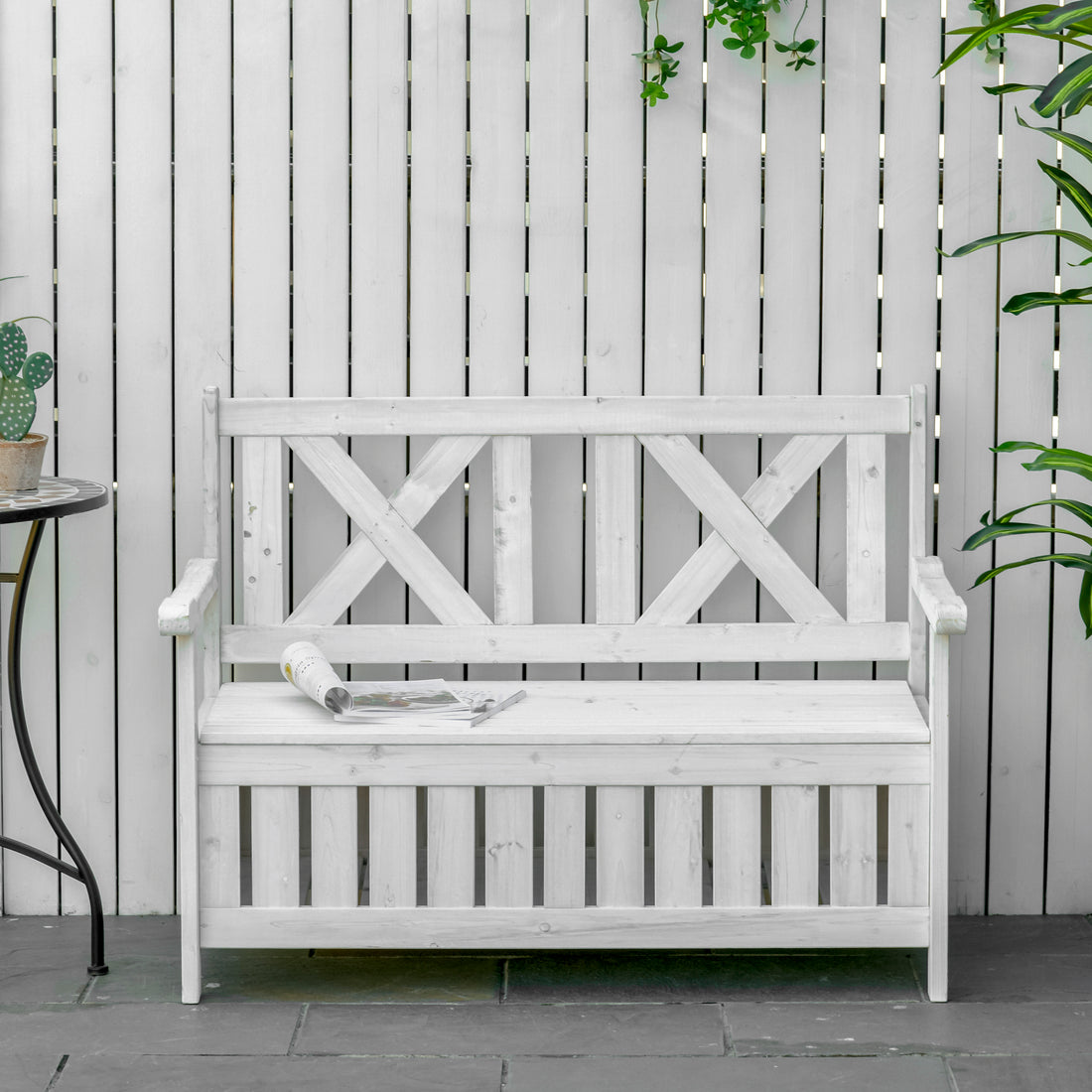 Outsunny Patio Wooden Bench With Storage Box, 29 Gallon Outdoor Storage Bench, Large Entryway Deck Box W Unique X Shape Back, For Deck, Porch & Balcony, White White Wood
