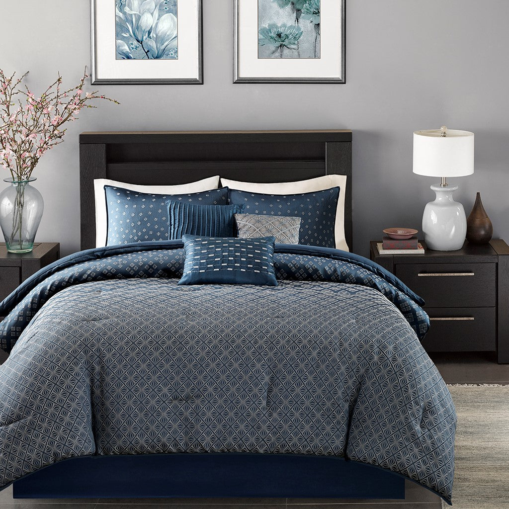 7 Piece Jaquard Comforter Set Navy King King Navy Polyester