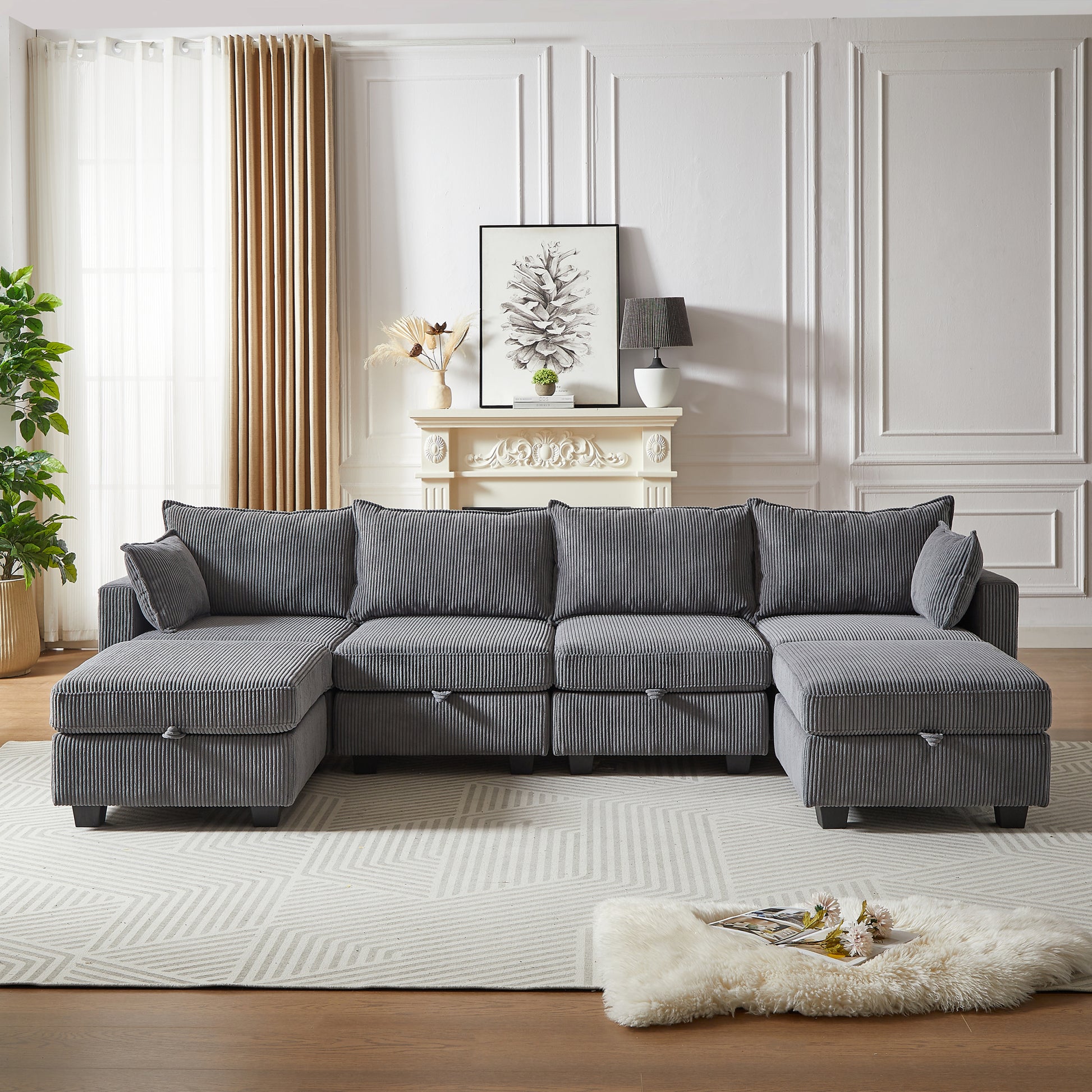 113.5'' Modular Sectiona Corduroy Sofa, Sectional Couches For Living Room U Shaped Sectional Couch With Storage Ottoman, 6 Seats Convertible Sectionals With Chaise Dark Gray Corduroy 6 Seat