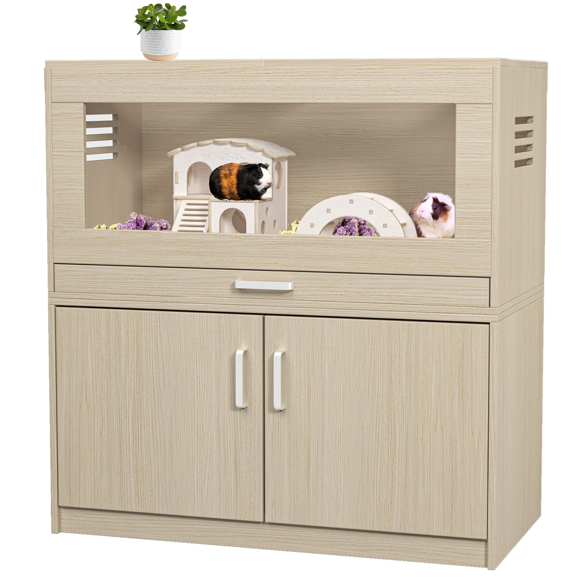 Hamster Cage,Rat Cage Wood With Independent Storage Cabinet,House For Chinchilla With Guinea Pig Hutch And Bridge,Easy View Acrylic Panels,Living Habitat X Large 31.50" L X 15.75" W X 32.28" H Teak Wood