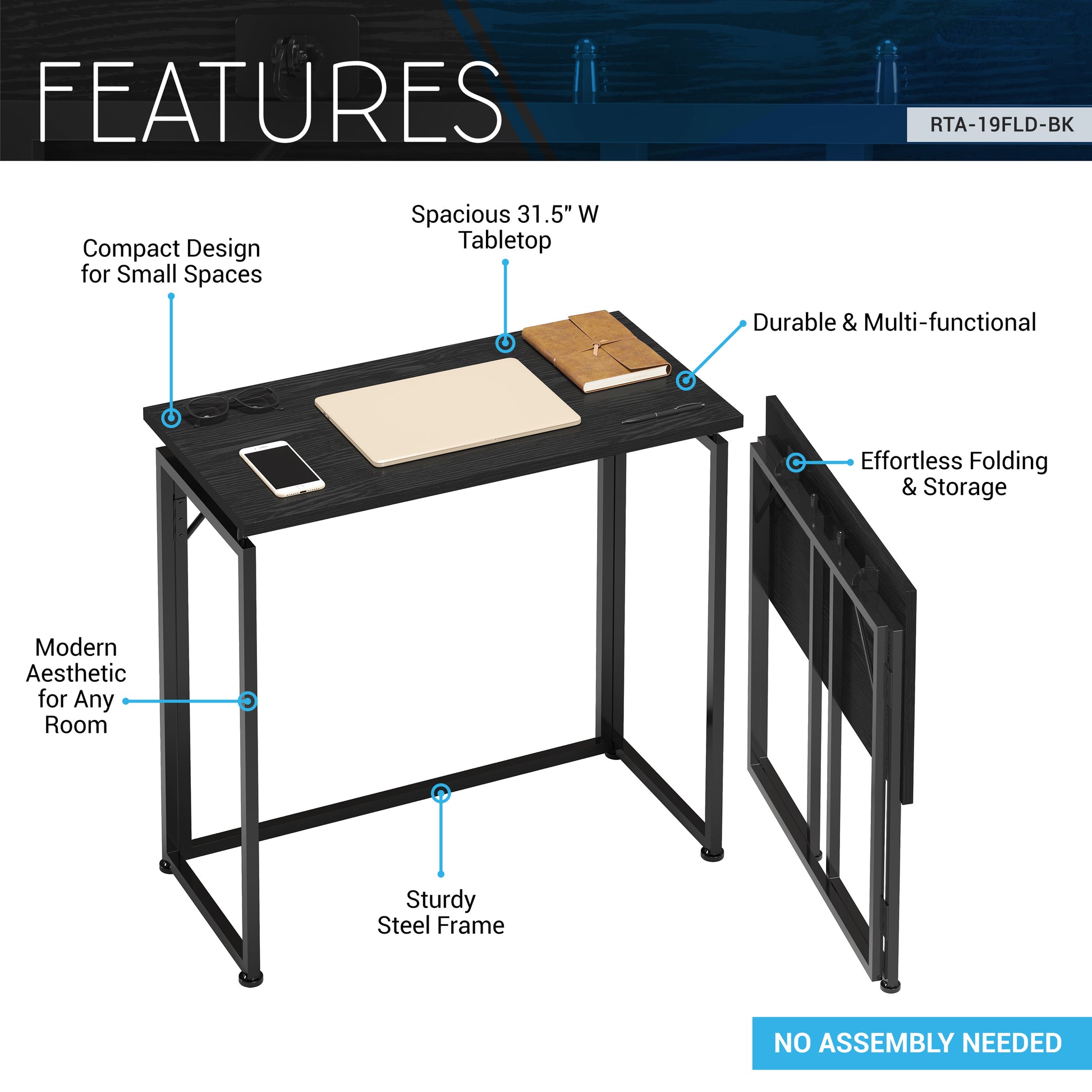 Techni Mobili 31.5 In. Folding Desk For Small Spaces, No Assembly Required, Black Black Office Modern Rectangular Rectangular Particle Board,Steel