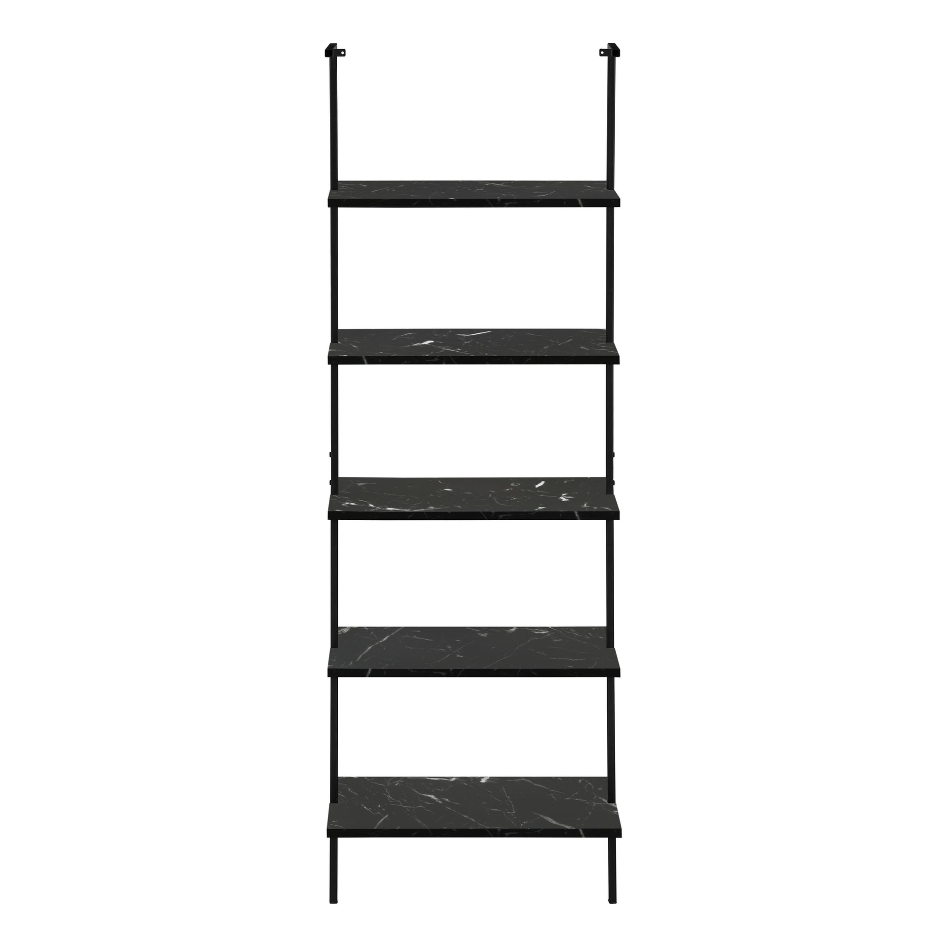 Bookshelf, Bookcase, Etagere, Ladder, 5 Tier, 72"H, Office, Bedroom, Black Marble Look Laminate, Black Metal, Contemporary, Modern Black Metal