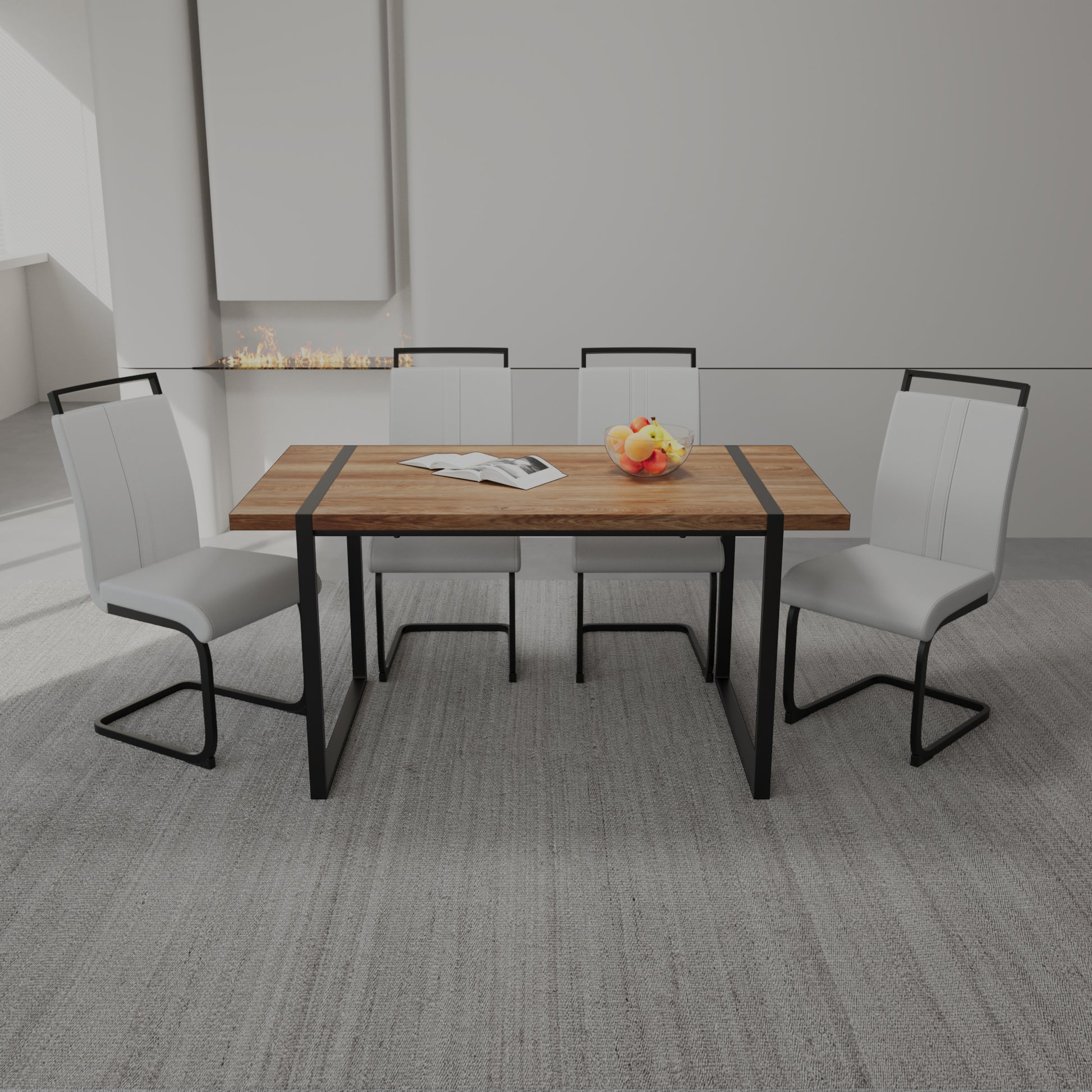 59 "Rural Industrial Rectangular Mdf Wood Color Dining Table Set And Pu Armless Dining Chair Set 4. Kitchen Black Metal Table Leg Dining Chair Set Wood Mdf