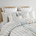 Cotton Printed Comforter Set With Chenille White Navy King Cal King King White Navy Cotton