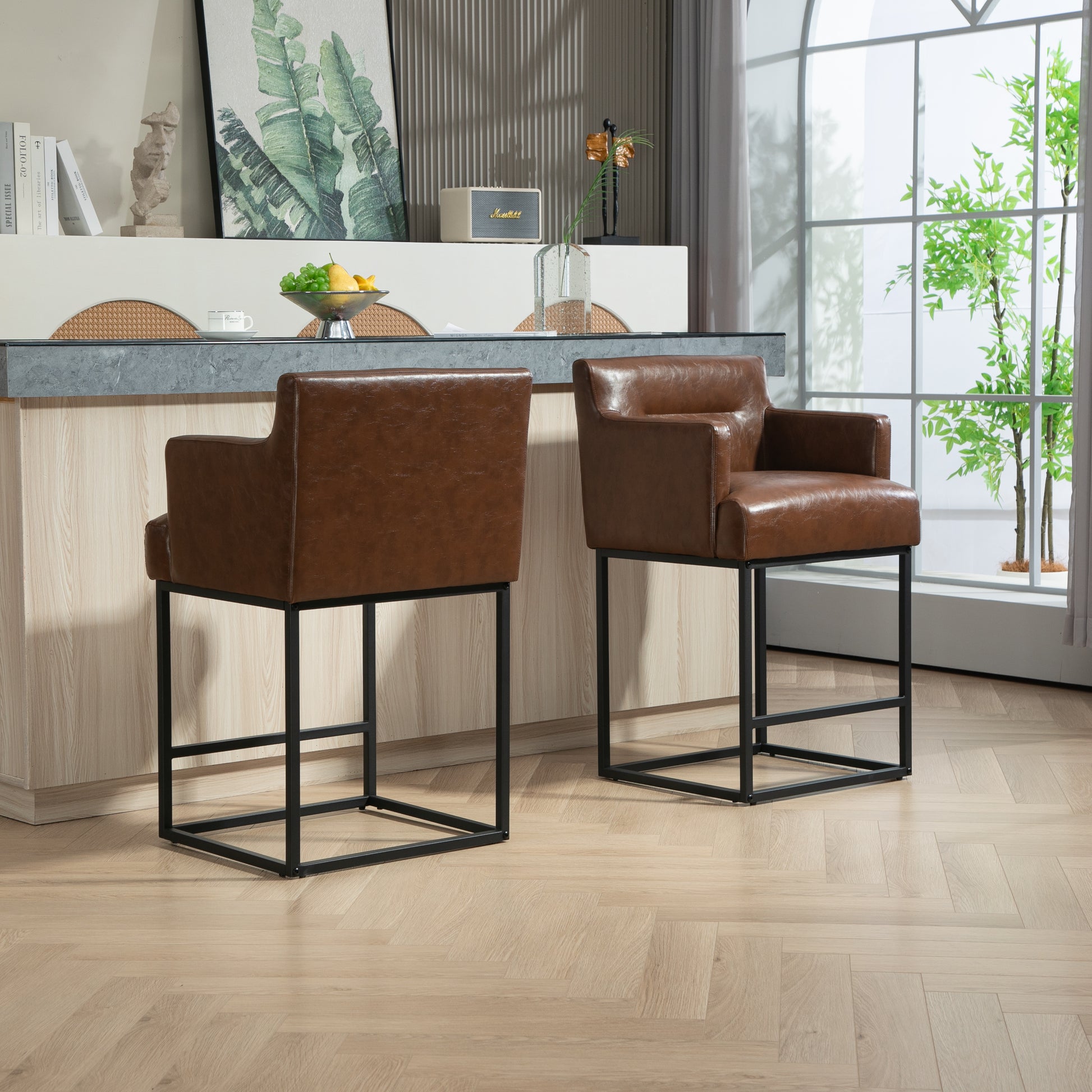 Coolmore Counter Height Bar Stools Set Of 2, Modern Square Bar Stool With Back, Black Metal Frames, Upholstered Bar Stools For Kitchen Island, Pub, Club Brown Pu Brown Pu Primary Living Space Foam Pu