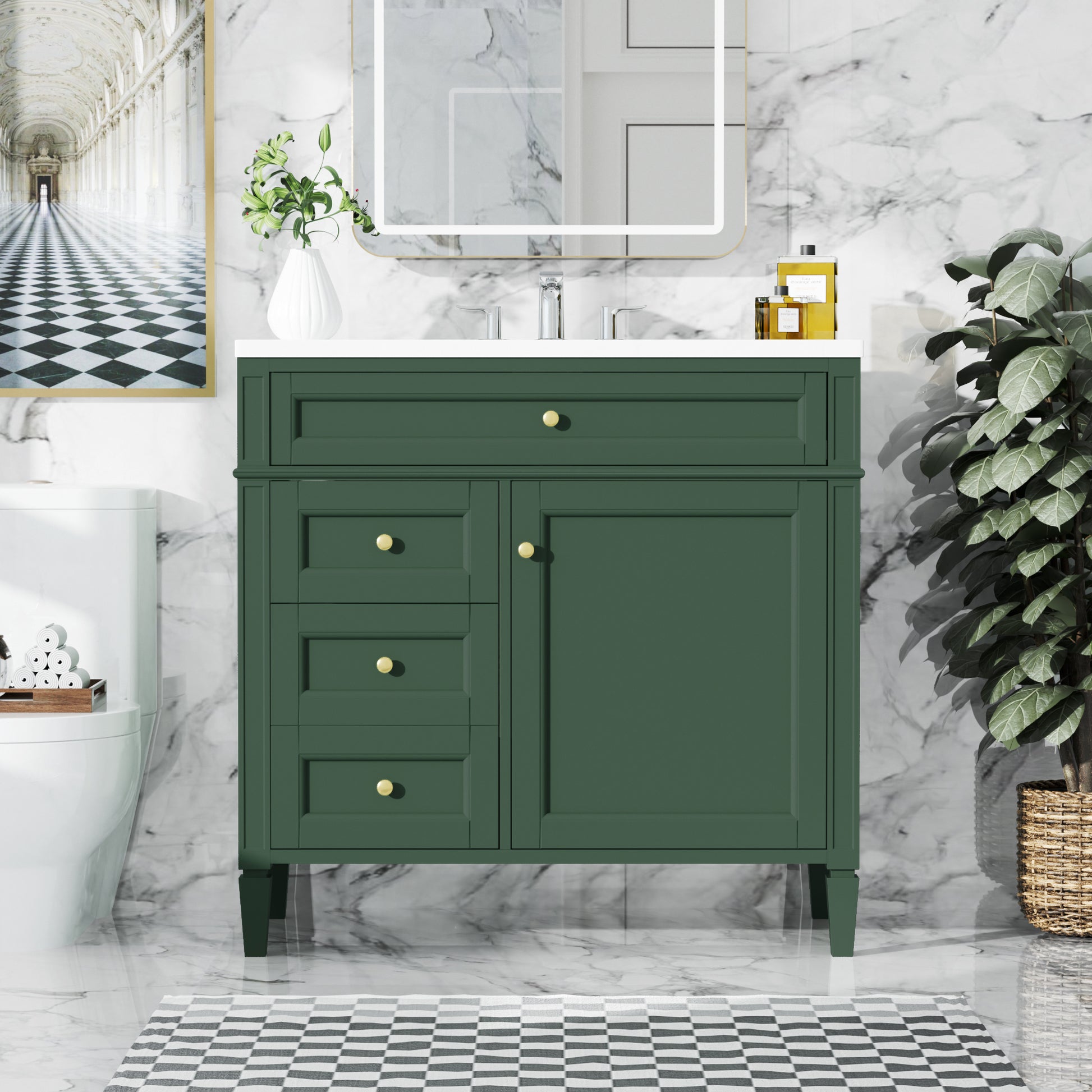 36'' Bathroom Vanity With Top Sink, Modern Bathroom Storage Cabinet With 2 Drawers And A Tip Out Drawer, Single Sink Bathroom Vanity 3 Green 1 1 Adjustable Hinges Bathroom Freestanding Solid Wood Mdf Resin Painted