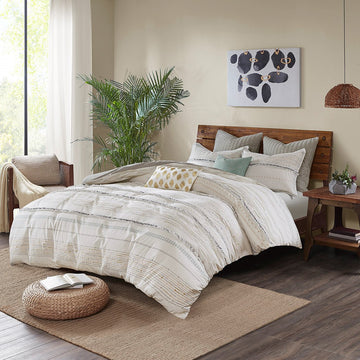 Cotton Printed Comforter Set With Trims Off White Gray King Cal King King Off White Gray Cotton