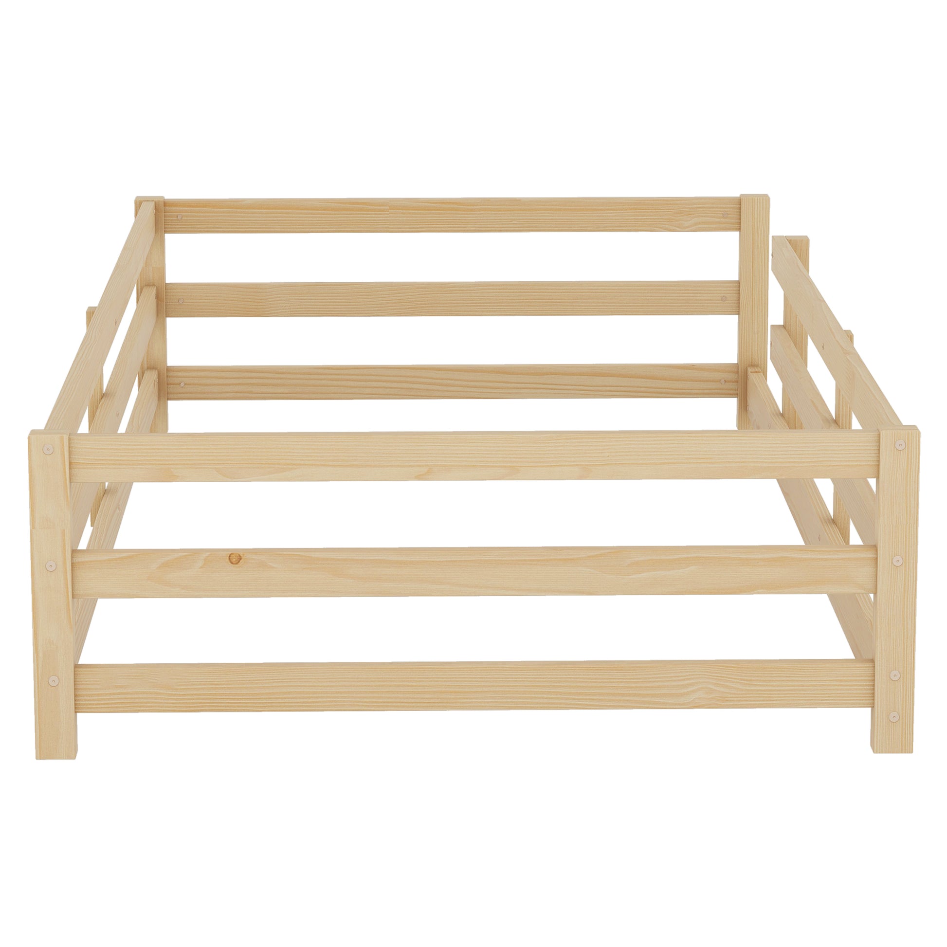Twin Size Floor Bed, Montessori Floor Bed With Fence, Kids Montessori Bed Twin Size, Wood Montessori Floor Bed For Kids, Girls, Boys Natural Natural Wood Metal