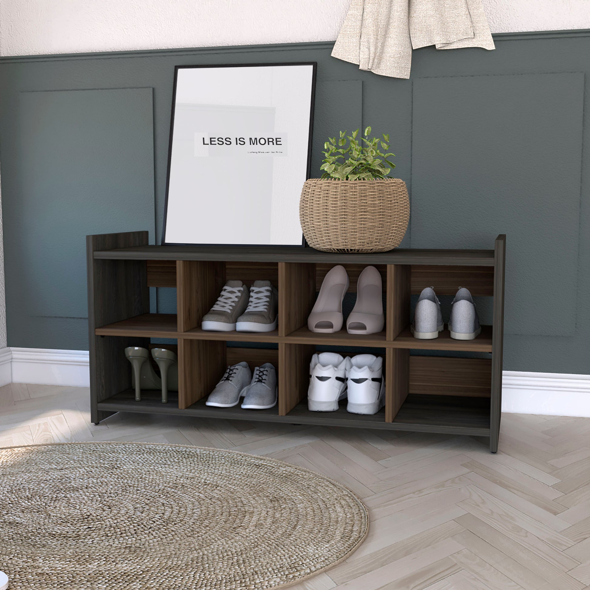 Harrison Entryway Shoe Rack, Eight Cube Spaces 8 Or More Brown Horizontal Primary Living Space Wood Contemporary Melamine Engineered Wood