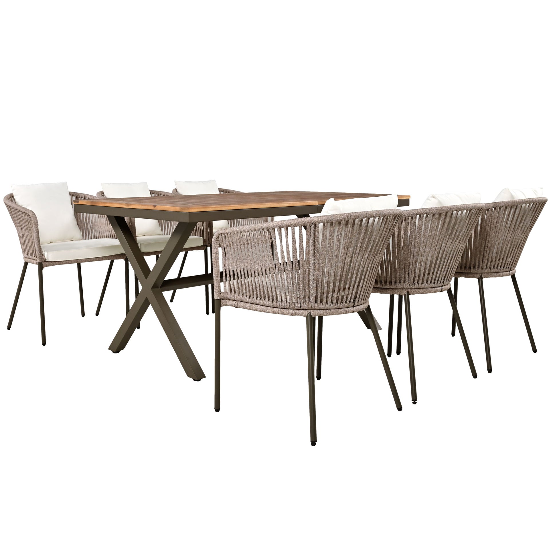 7 Pieces Patio Dining Set, All Weather Outdoor Furniture Set With Dining Table And Chairs, Acacia Wood Tabletop, Metal Frame, For For Garden, Backyard, Balcony, Beige Yes Beige Seats 6 Garden &