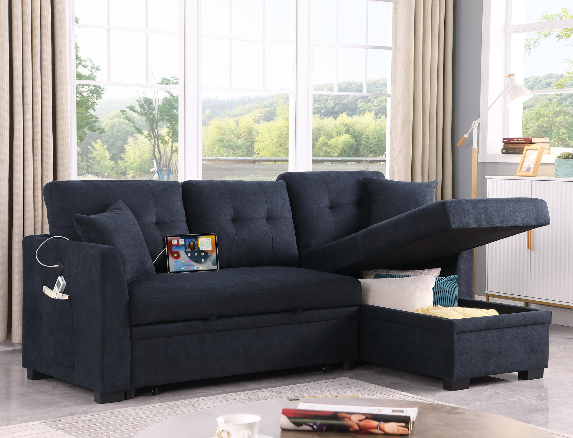 Sectional Sofa Bed L Shaped Sofa Couch Bed With Usb Port, Reversible Sofa Couch Sleeper With Pull Out Bed, Chaise With Storage, Pull Out Couch For Living Room Black Velvet 4 Seat