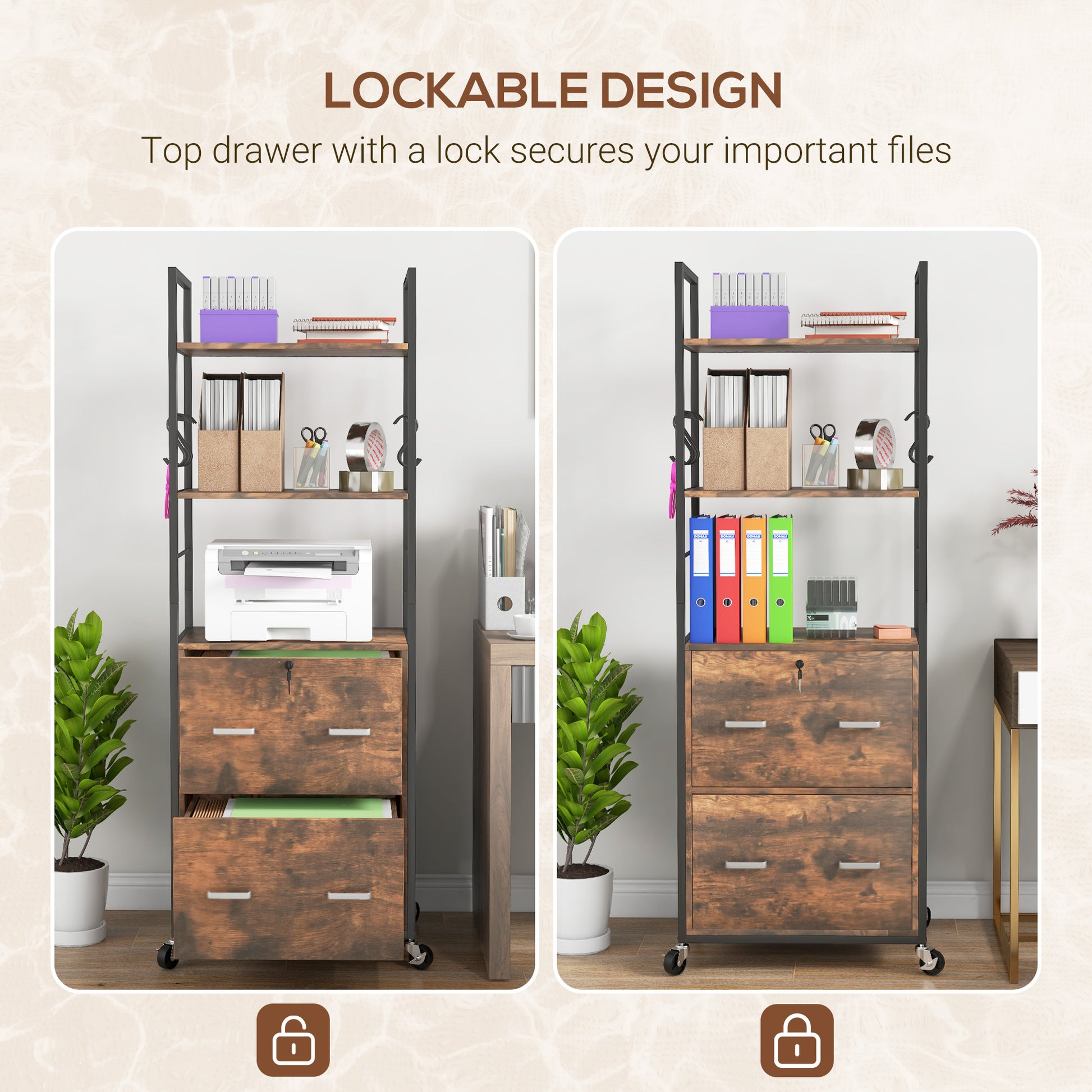 Vinsetto 2 Drawer Mobile File Cabinet With Lock & Hanging Bar, Rustic Brown Rustic Brown Particle Board
