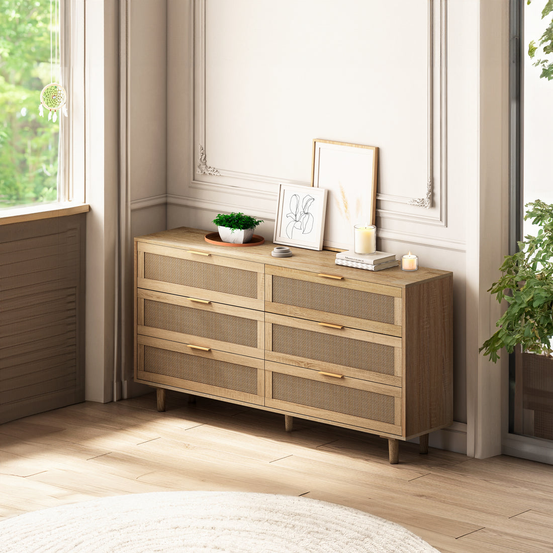 51.18"6 Drawers Rattan Storage Cabinet Rattan Drawer,For Bedroom,Living Room,Natural Same Sku:W75784346 Natural Mdf