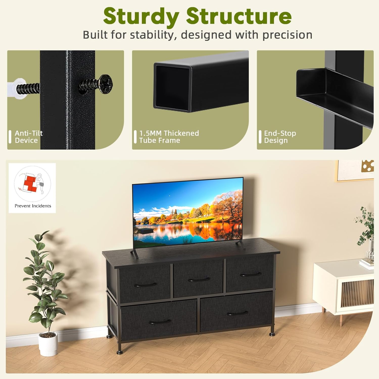 5 Drawers Dresser For Bedroom, Kidsroom Furniture, Wide Chest Of Drawers, Storage Organizer Units With Fabric Bins For Closet, Entryway, Metal Frame, Waterproof Wood Top, Adjustable Feet Black Wood