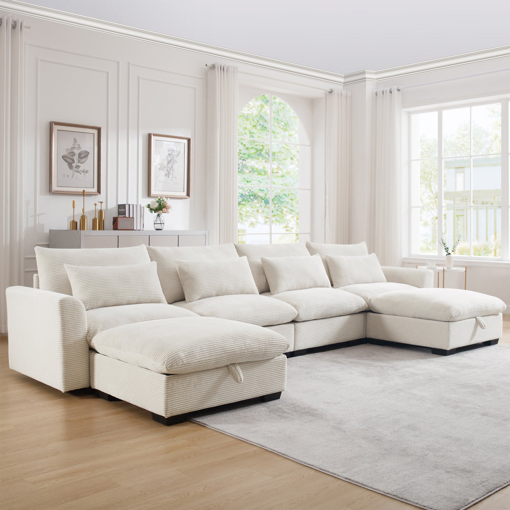 Big Deep Seat U Shaped Corduroy Sectional Couches For Living Room, 4 Seater Sofa Couch With 2 Storage Footstool And 4 Waist Pillows Corduroy, Beige Beige Corduroy 4 Seat