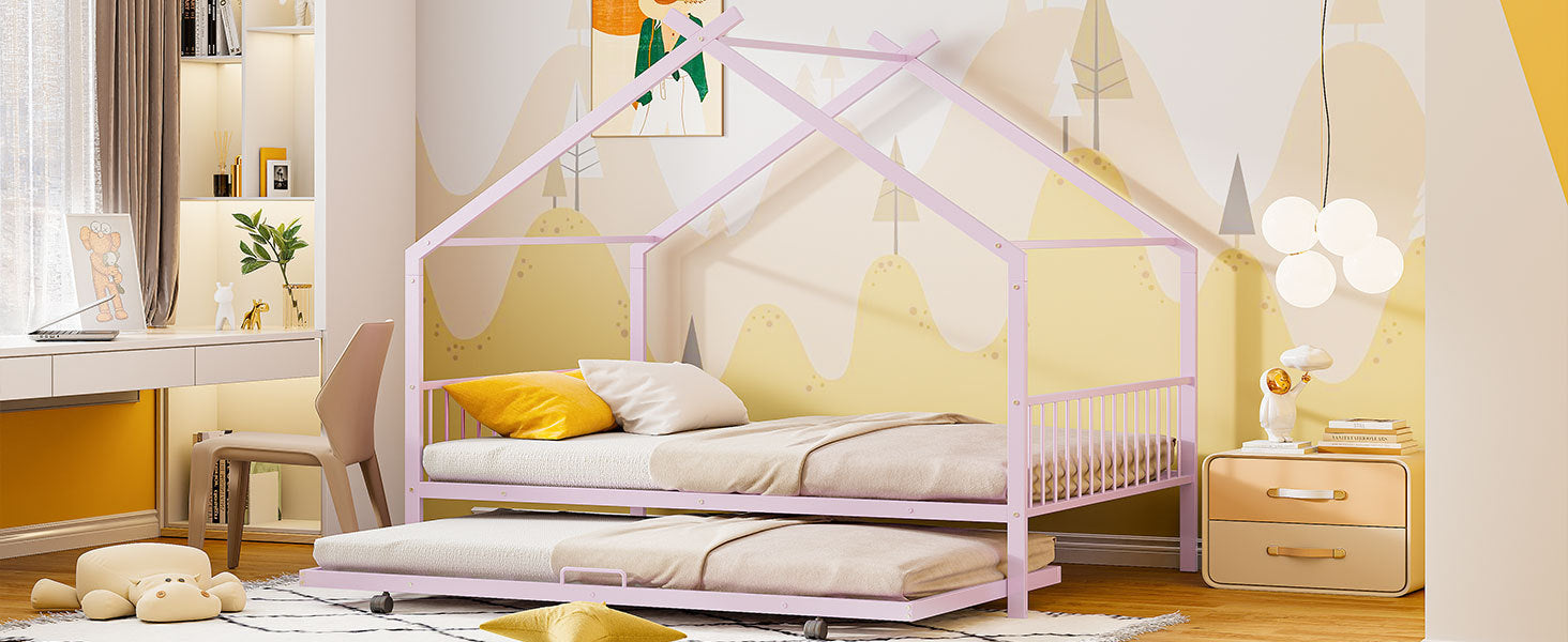 Twin Size Metal House Bed With Twin Size Trundle, Pink Twin Pink Metal