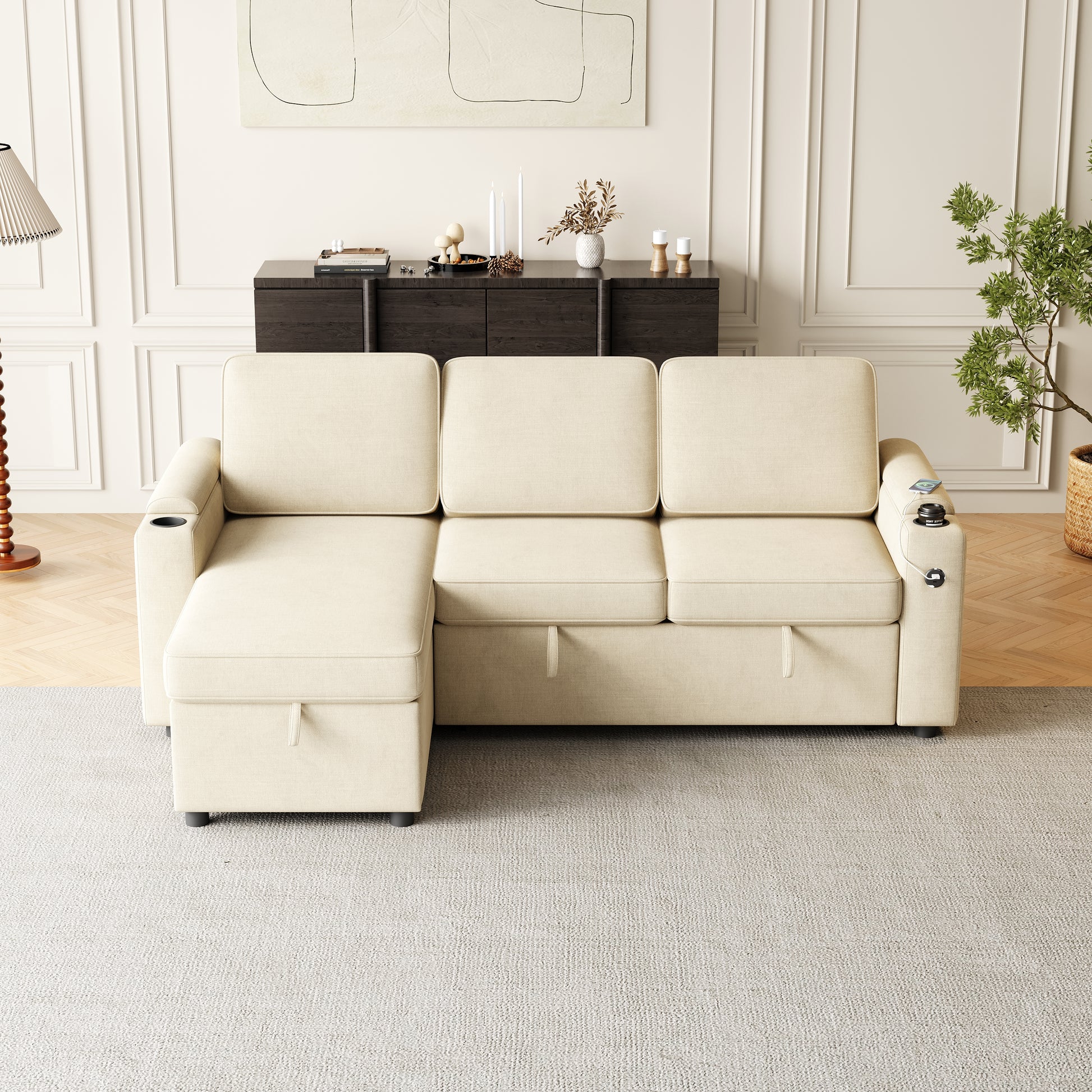 Mh85.8" Sleeper Sofa, Sofa Bed 2 In 1 Pull Out Sofa Bed With Storage Sofa, Sofa Sleeper With Pull Out Bed With Charging Port Beige Primary Living Space Eucalyptus Polyester Fabric 3 Seat