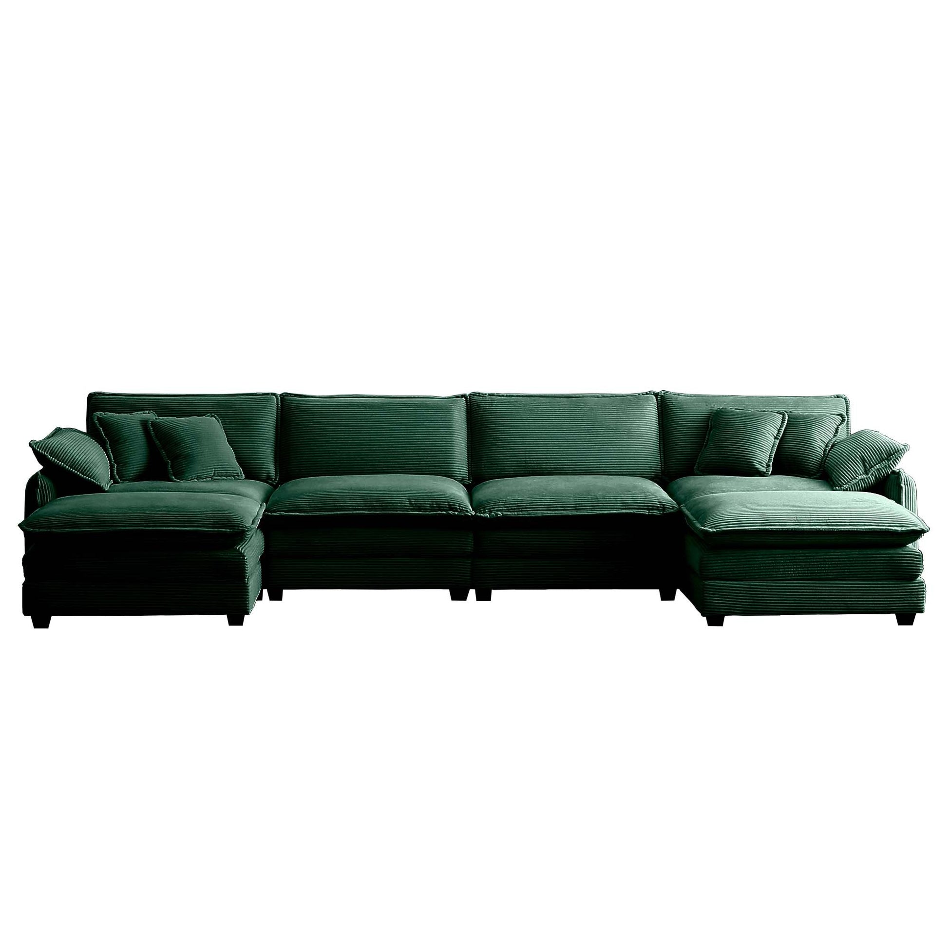 Over Size U Shape Corduroy Sofamodern Upholstered 4 Seater Sofa With 2 Ottomans, Premium Soft Corduroy Fabric Sofa Green Corduroy 4 Seat