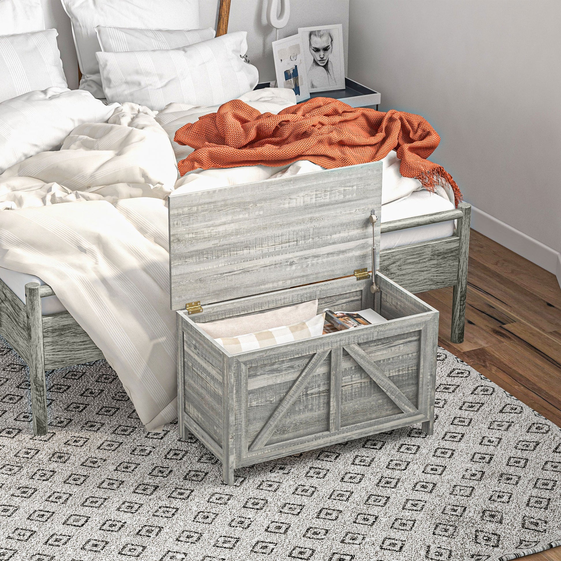 Homcom 30" Farmhouse Storage Chest, Lift Top Box Organizer With Safety Hinge To Open Up 100 For Bedroom, Entryway, Living Room, Gray Wood Grain Light Gray Particle Board