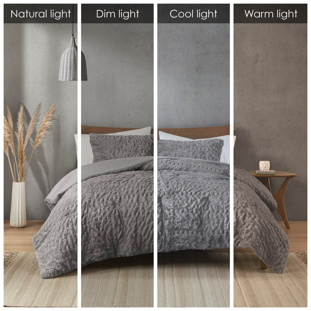 Ruched Fur Down Alternative Comforter Set Queen Grey Polyester