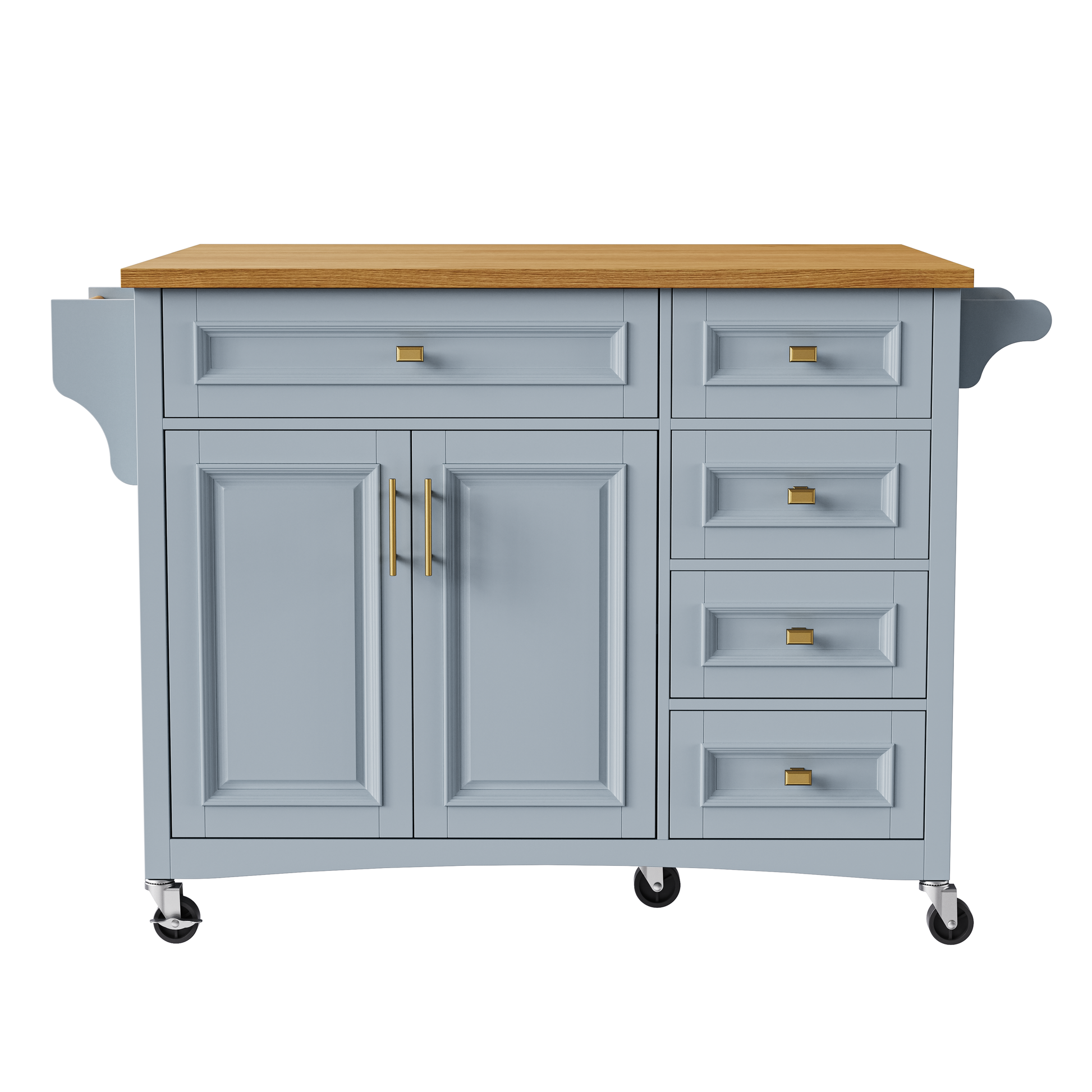 K&K 52'' Kitchen Island With Drop Leaf, Embossed Texture Kitchen Island On Wheels With Spice Rack, Towel Rack, 2 Doors And 5 Drawers, Kitchen Storage Cart With Adjustable Shelf For Kitchen, Blue
