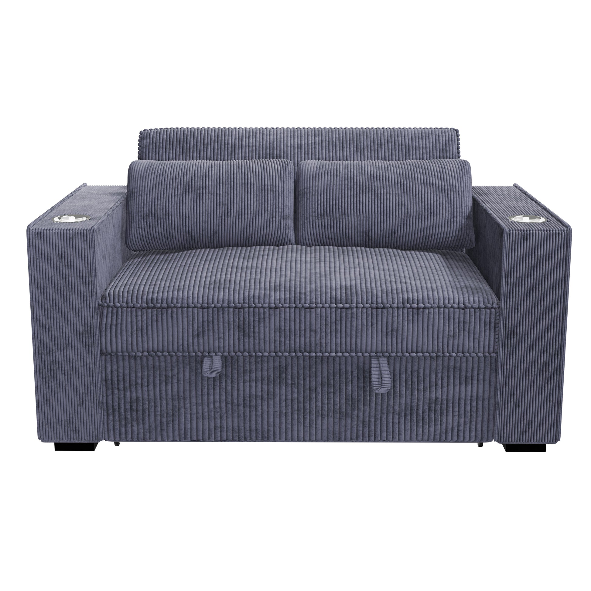 Dark Gray Corduroy Upholstered 2 Seat Sofa W Cup Holders Sleeper Couch 1Pc Convertible Sofa W Usb Dark Gray Wood Primary Living Space Cushion Back Contemporary,Modern,Transitional Rubberwood Square