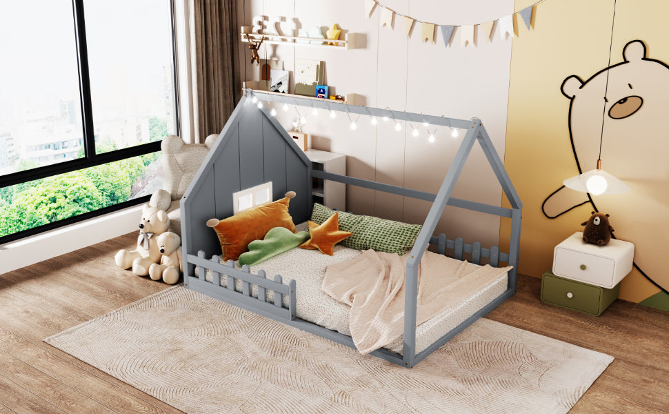 Full Size Wood House Bed With Window And Fence, Gray Old Sku: Wf304147Aae Box Spring Not Required Full Gray Wood Bedroom Pine Bed Frame Solid Wood Mdf