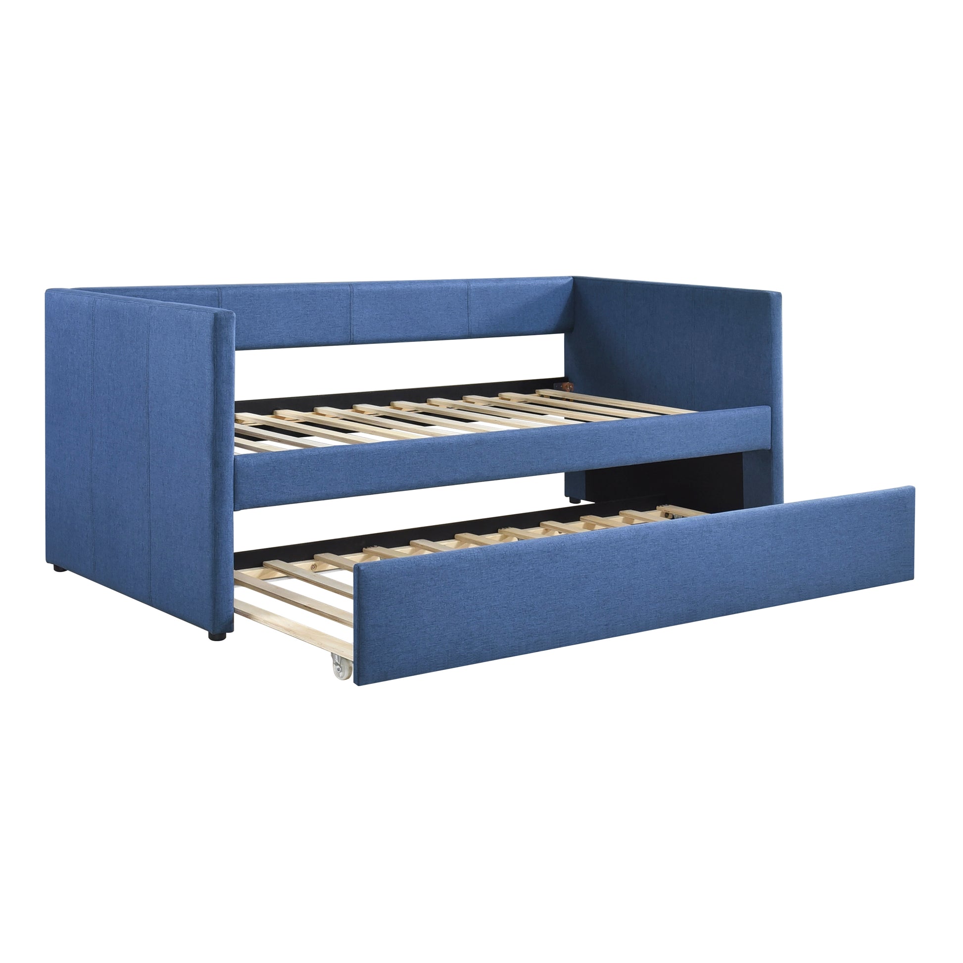 1Pc Daybed With Trundle Blue Fabric Upholstery Wooden Frame Modern Home Furniture Box Spring Not Required Blue Wood Primary Living Space Modern,Transitional Polyester Engineered Wood,Wood