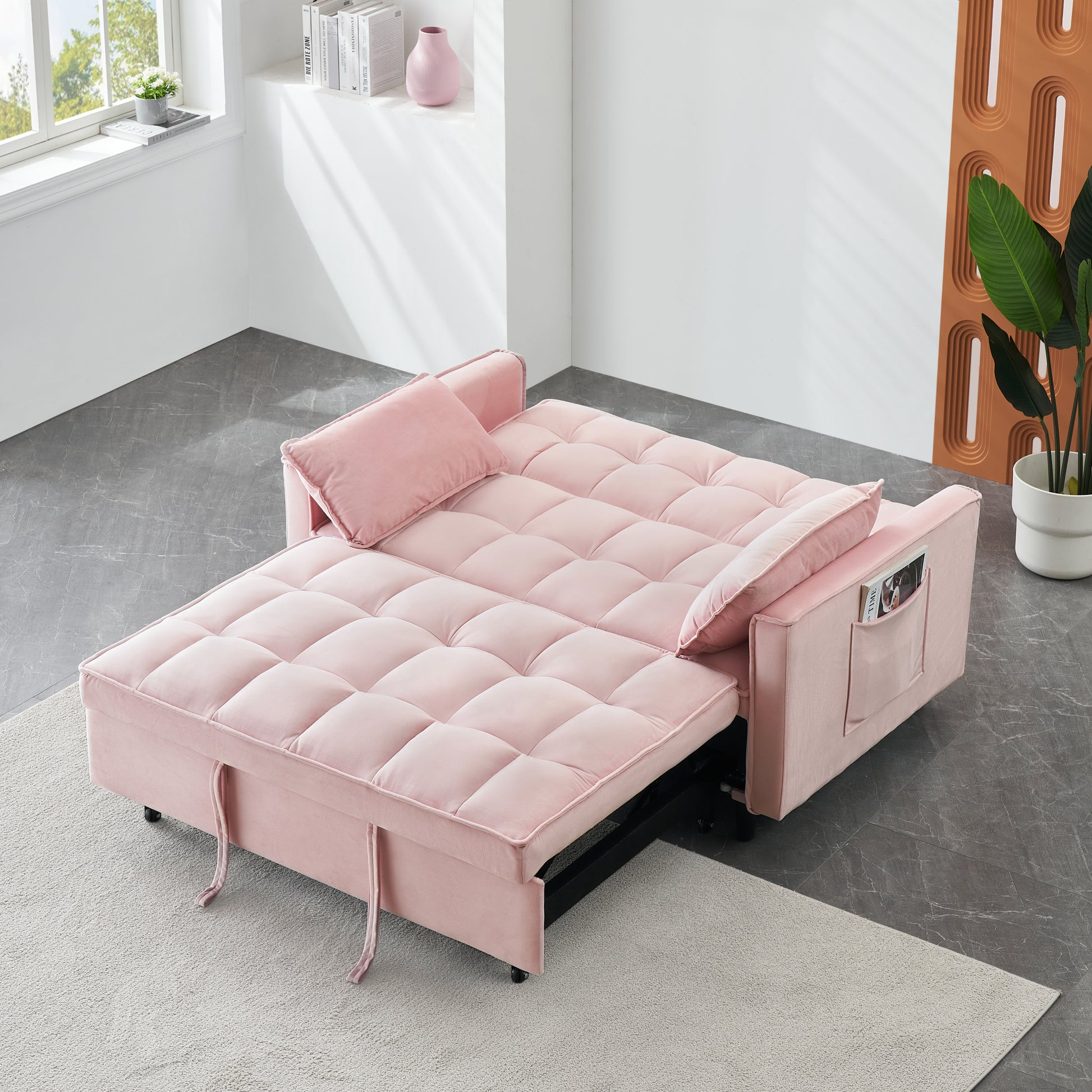 Modern Velvet Sofa, Sofa Pull Out Bed, Smallseat Casual Sofa With Back, With Pillow, Pockets, Living Room Furniture, 3 In 1 Convertible Sleep Sofa Bed. Pink Velvet 2 Seat