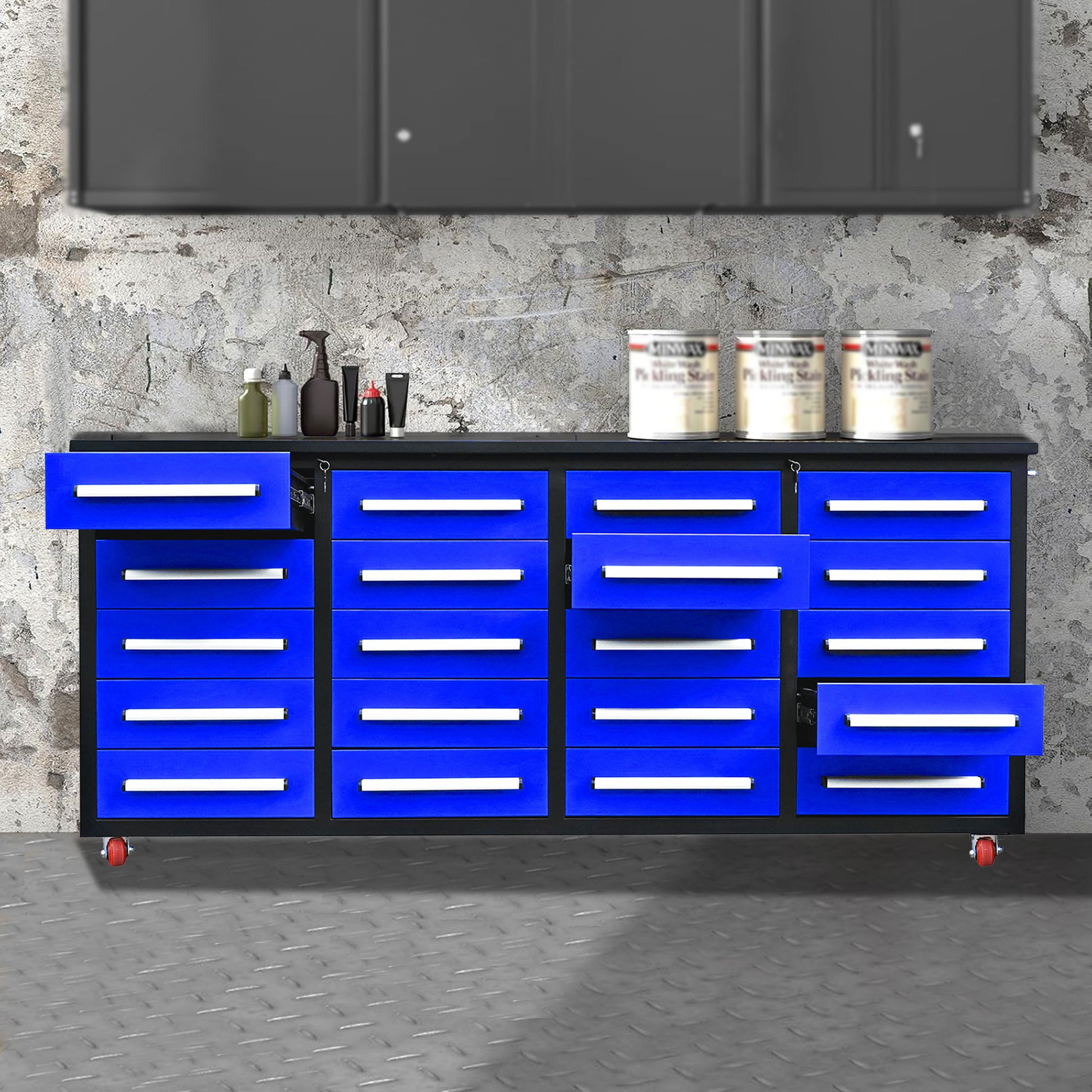 7Ft Garage Storage Cabinets With Workbench 20 Drawers Blue Blue Steel