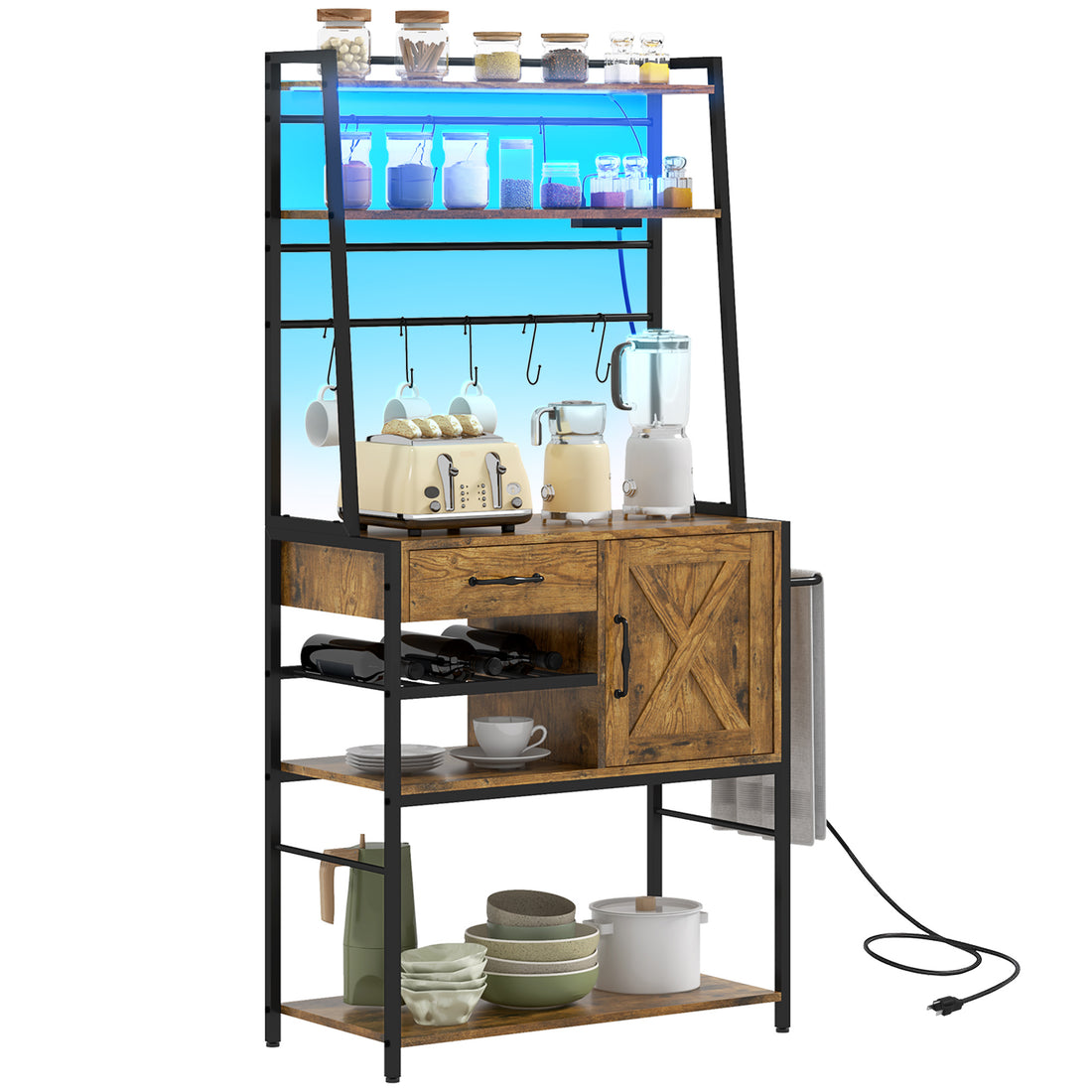 Homcom Baker'S Rack With Power Outlet And Led Lights, Coffee Bar With Storage Shelves, Industrial Microwave Stand With Wine Bottle Rack, Drawer, Barn Door Cabinet, Rustic Brown Rustic Brown Particle