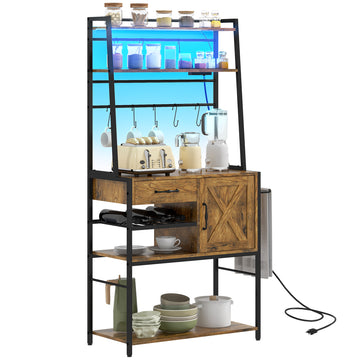 Homcom Baker'S Rack With Power Outlet And Led Lights, Coffee Bar With Storage Shelves, Industrial Microwave Stand With Wine Bottle Rack, Drawer, Barn Door Cabinet, Rustic Brown Rustic Brown Particle