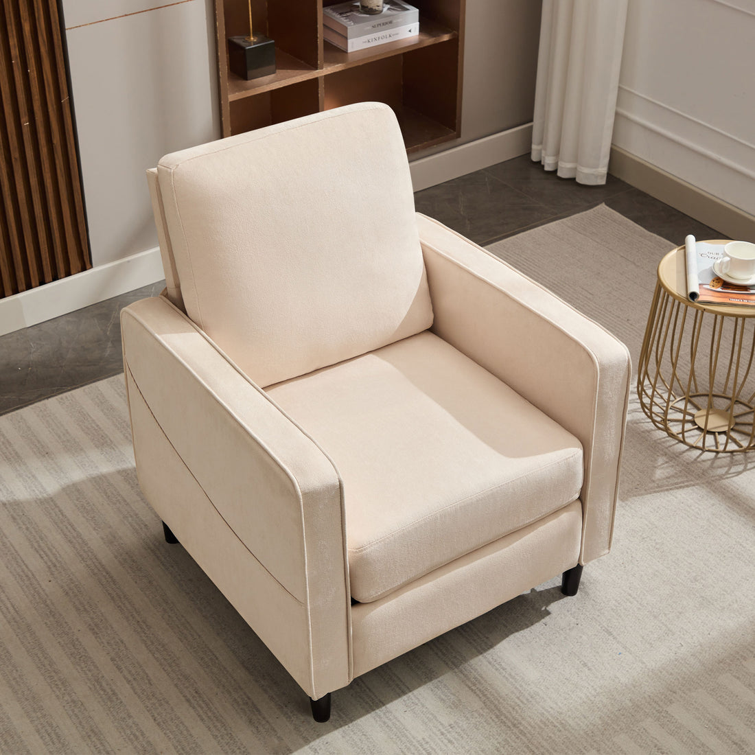 Mid Century Accent Chair ,Modern Linen Fabric Armchair For Living Room,Double Side Pockets, Comfortable And Padded Reading Feature Sofa Chair, Suitable For Bedrooms, Living Rooms, And Offices,Beige Beige Linen