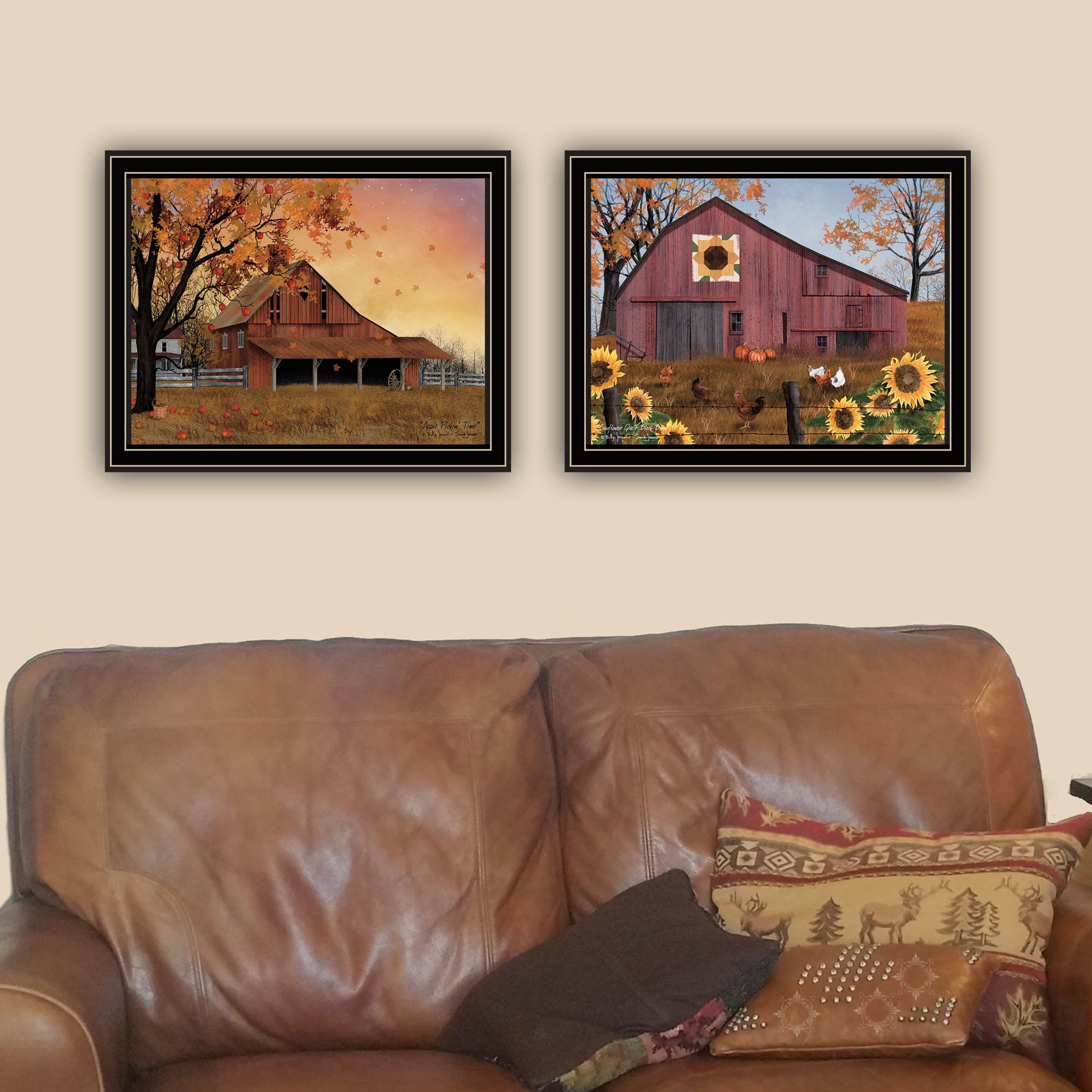 2 Piece Vignette Apple Picking Time, Sunflower Quilt Barn Black Framed Wall Art For Living Room, Bedroom Wall Art Print For Home Decor By Billy Jacobs Multi Wood Paper