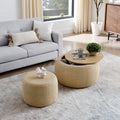 Round Storage Ottoman, Woven Rattan Fabric Ottoman, 2 In 1 Function, Work As End Table And Ottoman,With Small Seat Nature 25